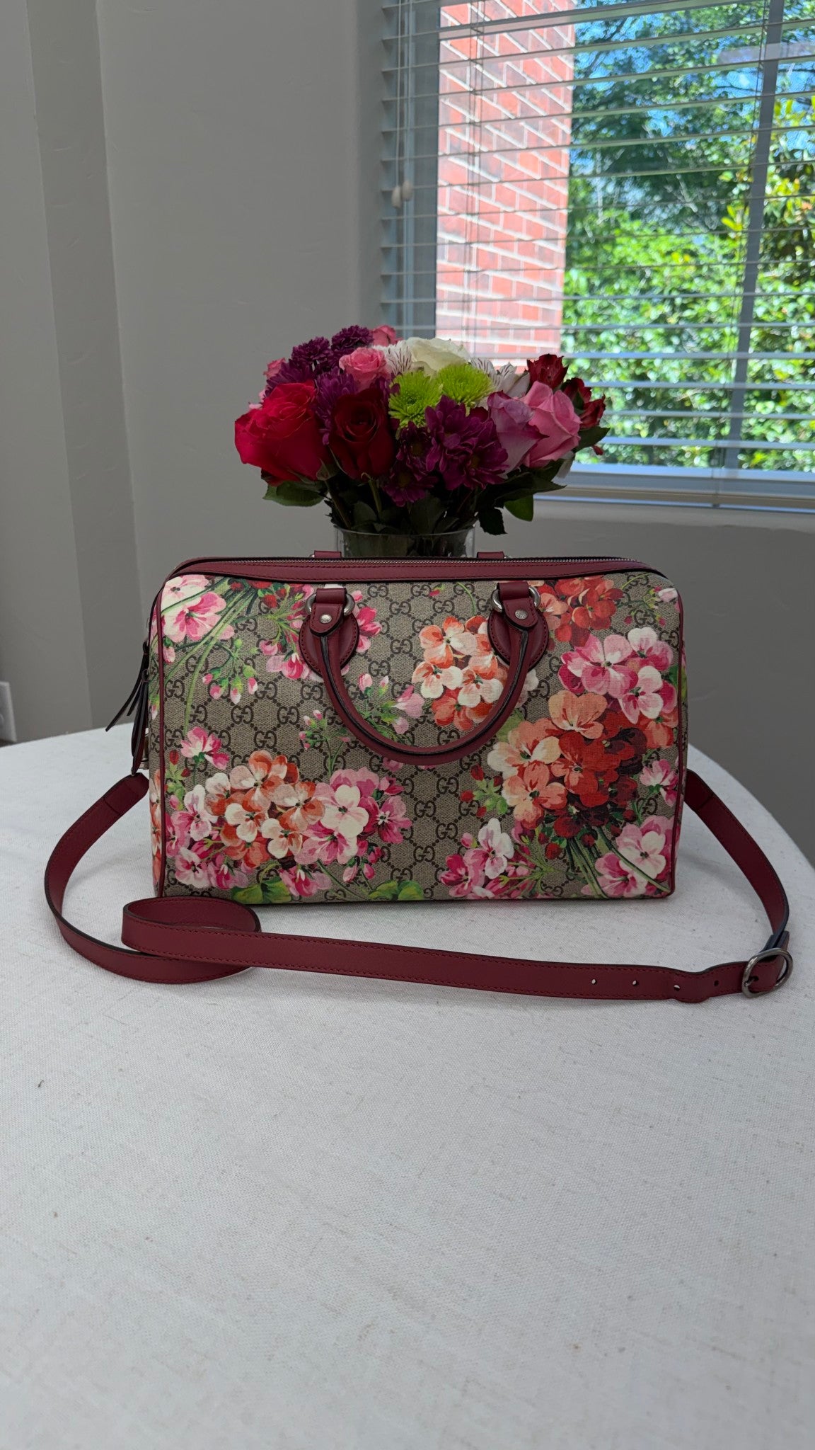 Gucci Pink Blooms Supreme Canvas Large Boston 2way Bag