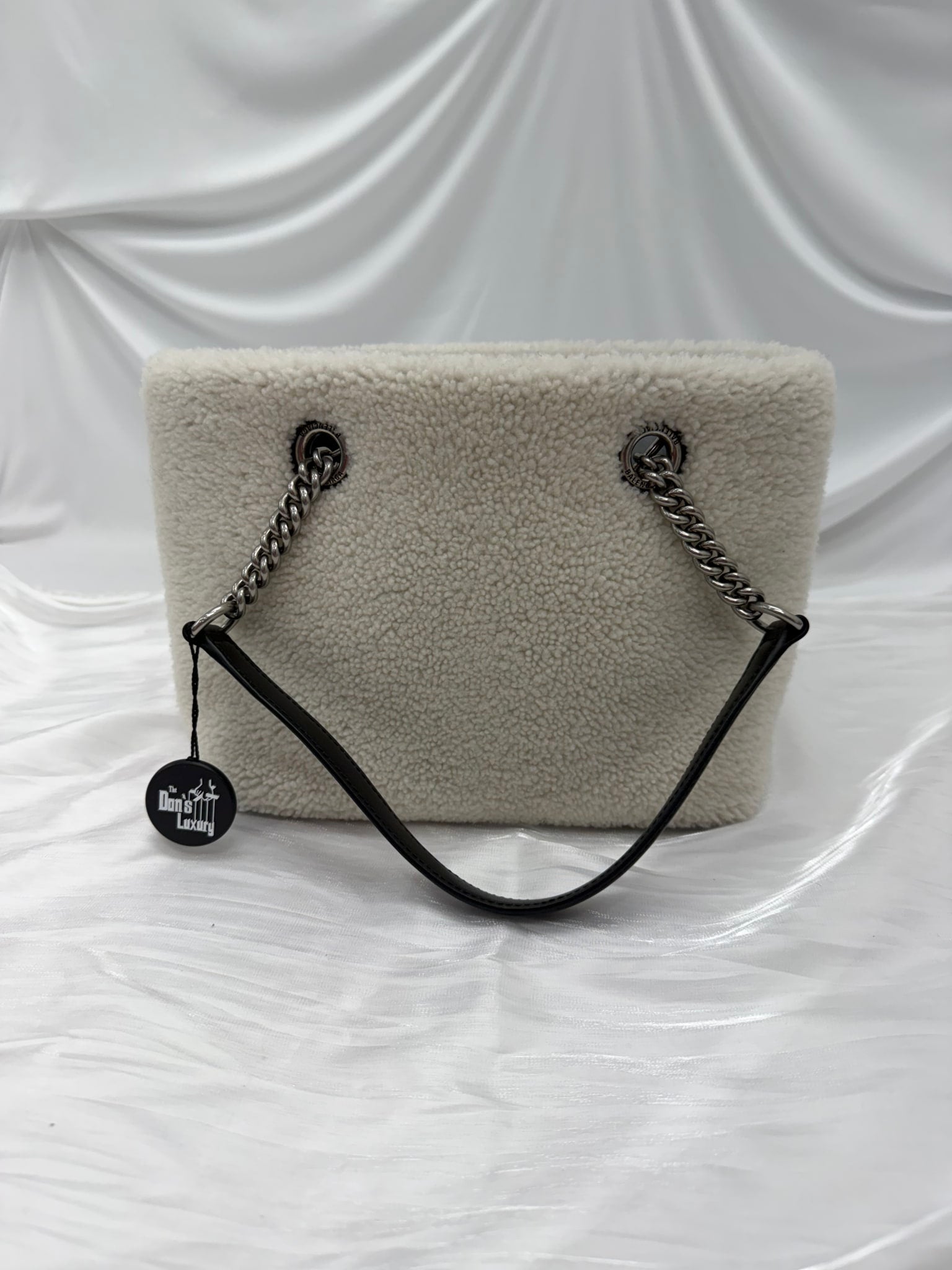 Balenciaga White & Black Shearling Shoulder Tote