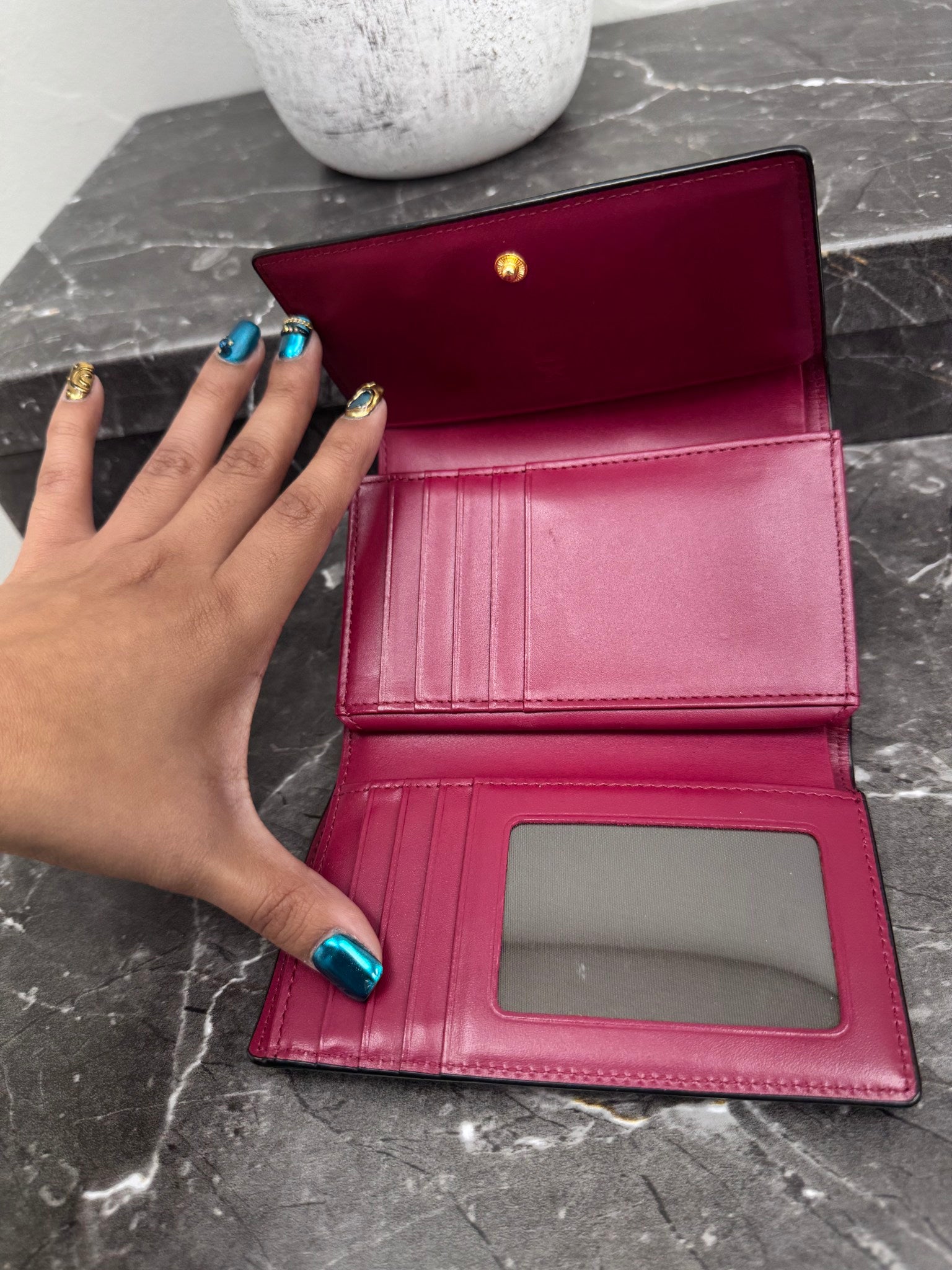 MCM Black Leather Mina Trifold Compact Wallet