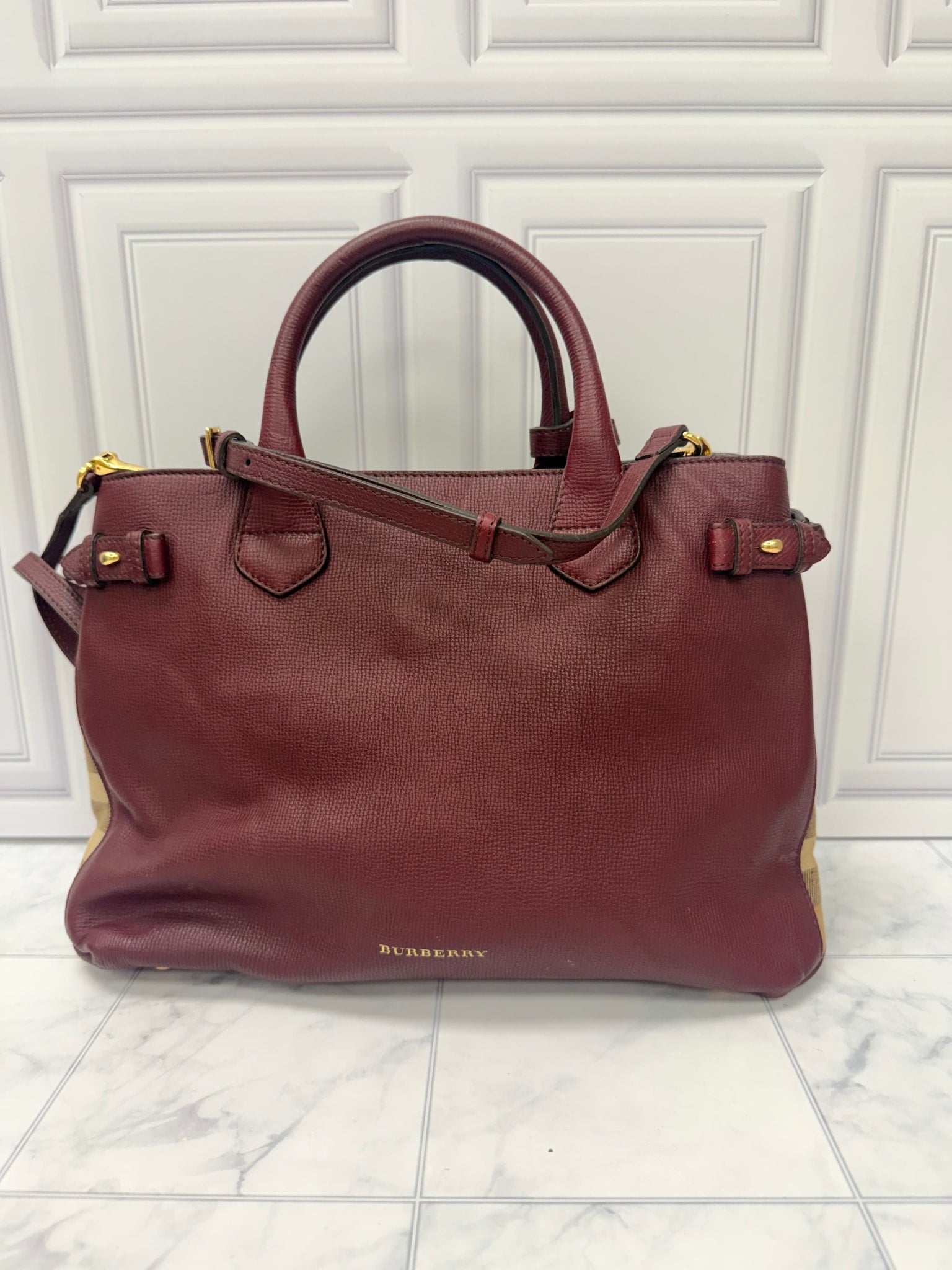 Burberry Burgundy Leather Banner Tote Bag