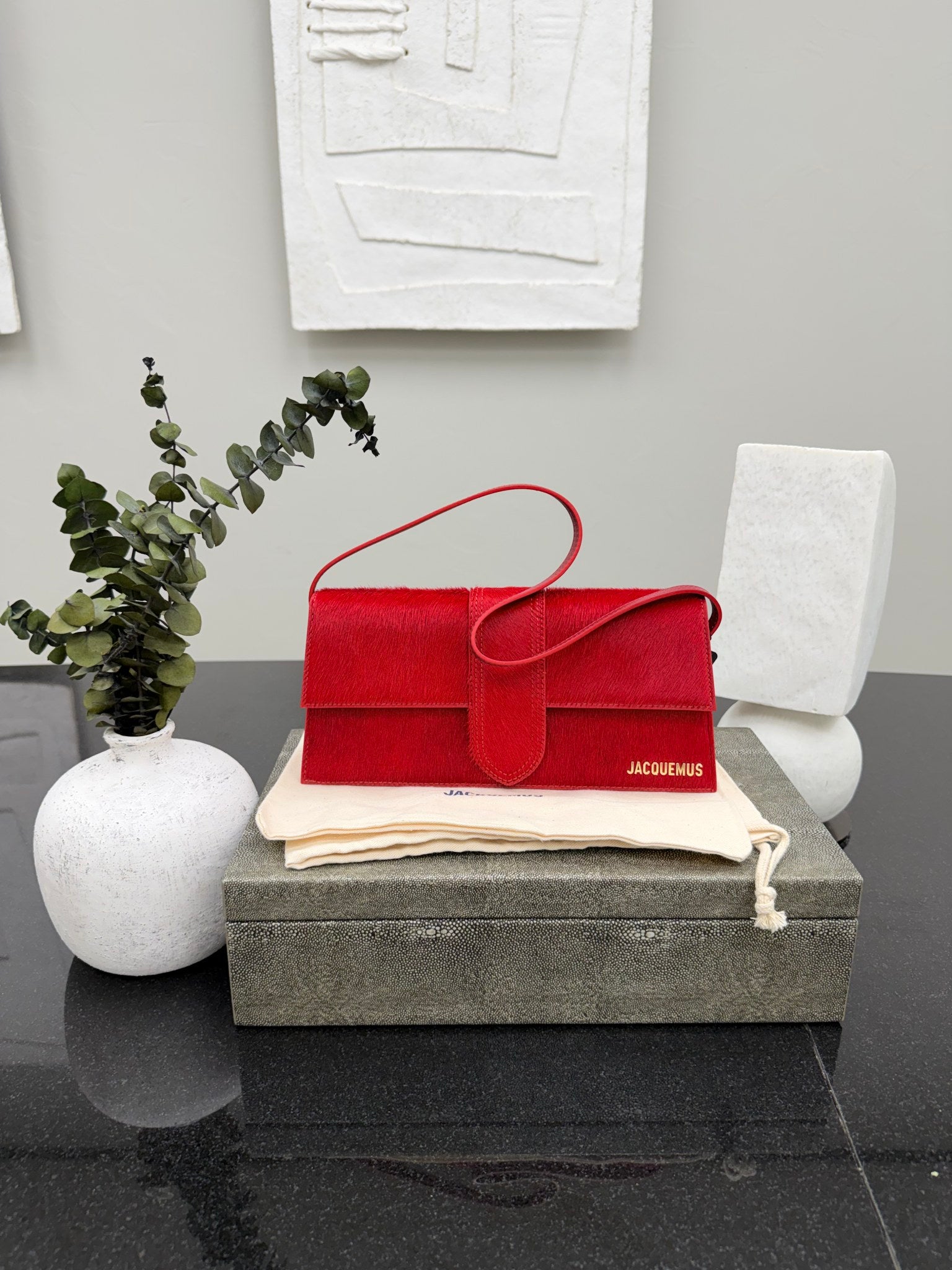 BRAND NEW - Jacquemus Red Pony Hair Le Bambino Long Shoulder Bag
