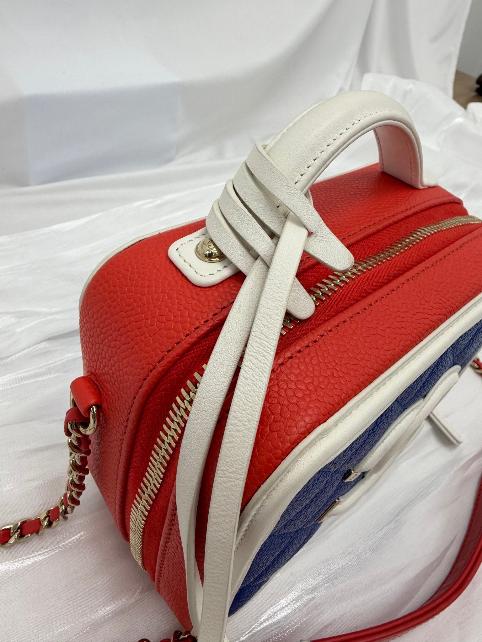 Chanel Red, White Blue Caviar Small Filigree Vanity Case Bag