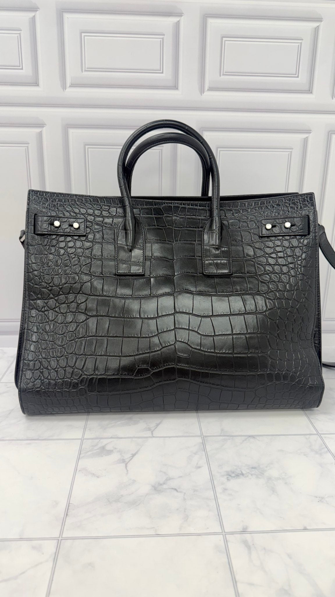 Saint Laurent YSL Black Croc Embossed Leather Large Sac De Jour Tote bag