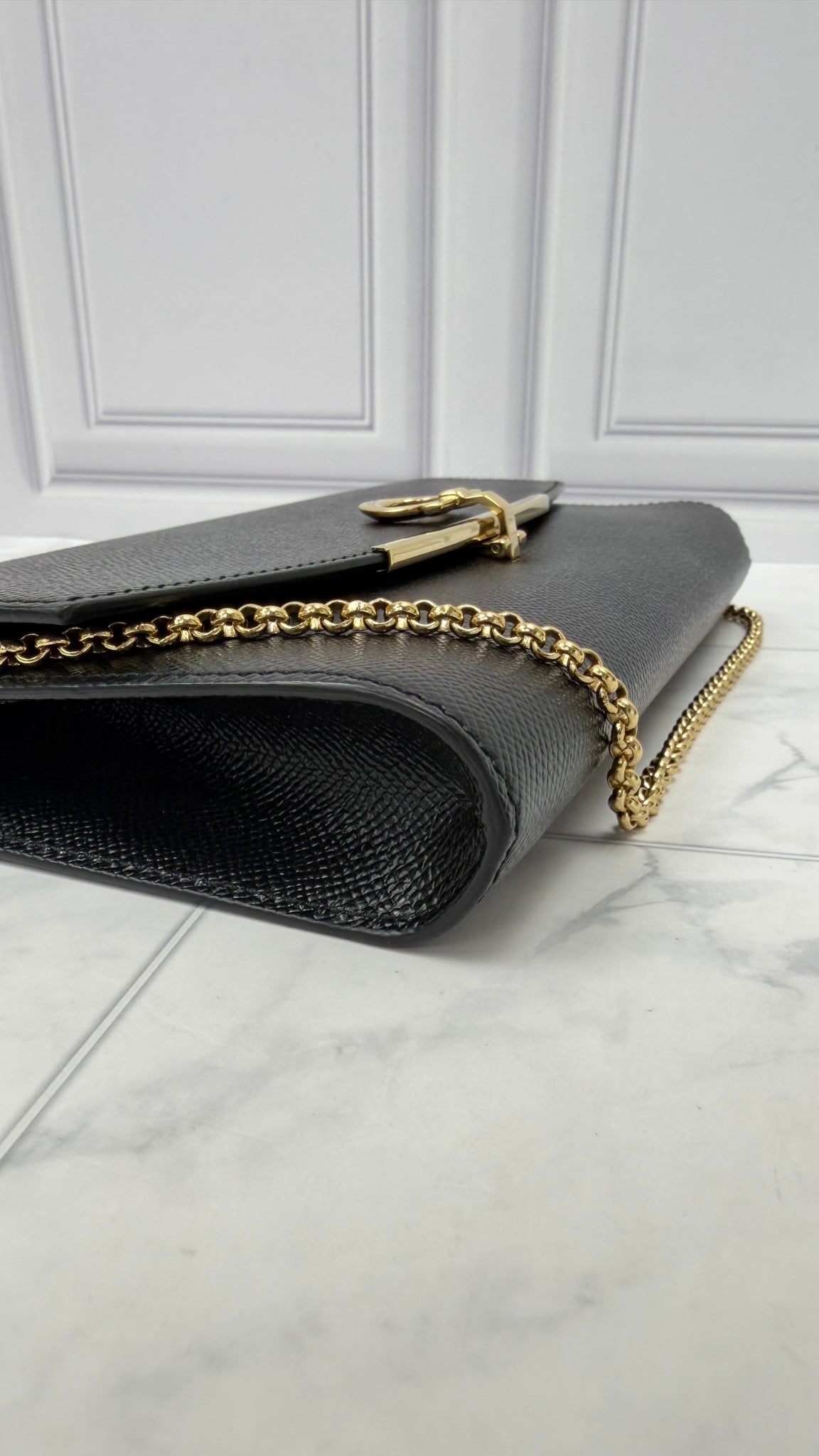 Salvatore Ferragamo Black Leather Clutch on a Chain