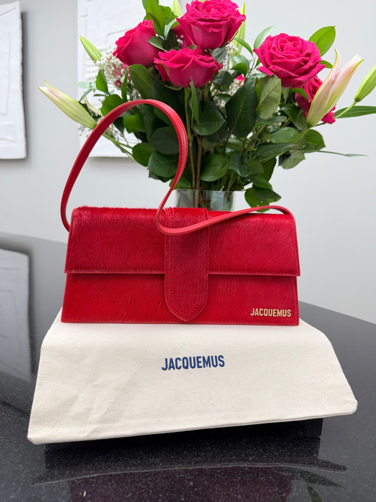 BRAND NEW - Jacquemus Red Pony Hair Le Bambino Long Shoulder Bag