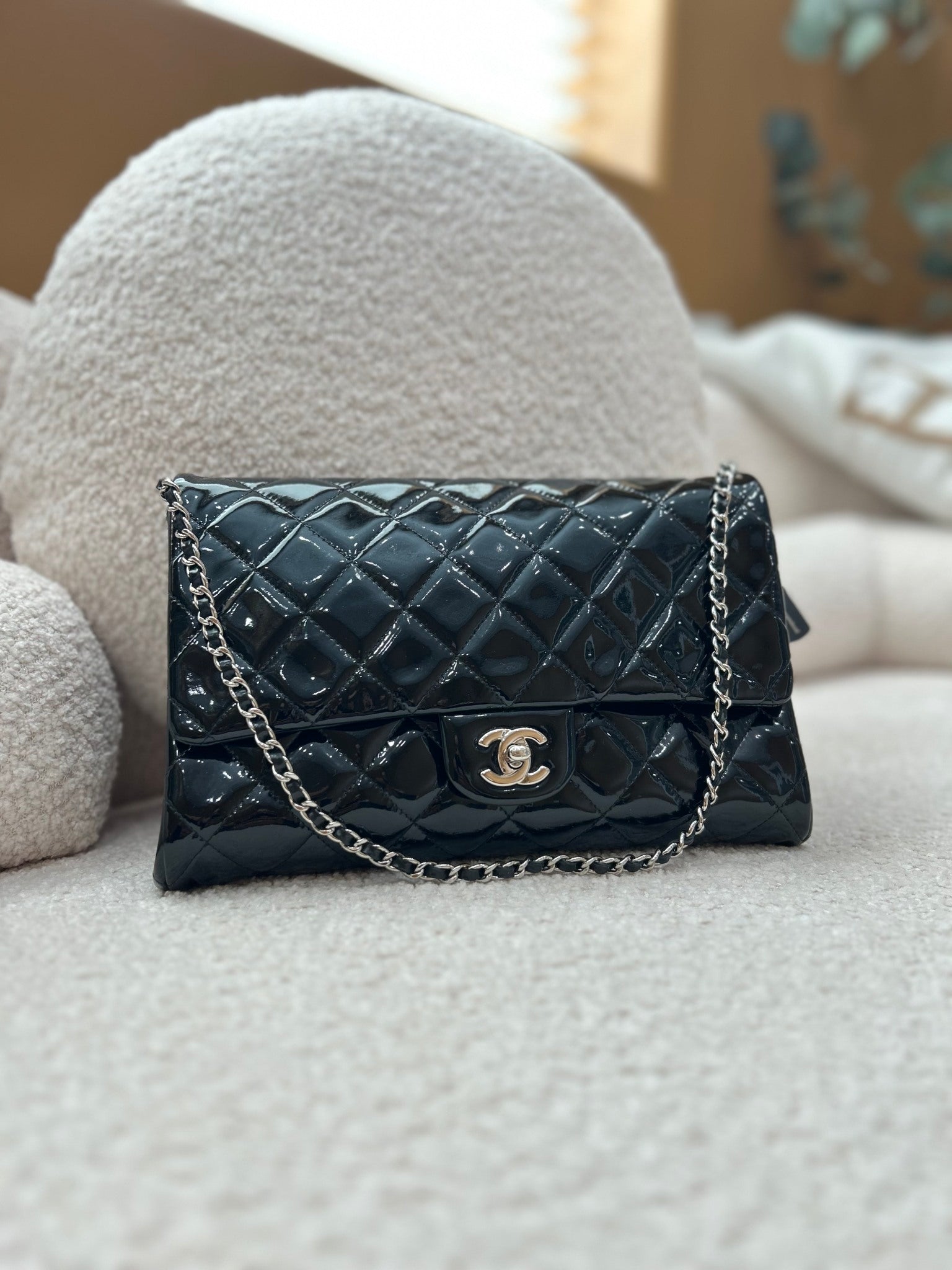 Chanel Black Patent Leather Quilted Flap Bag