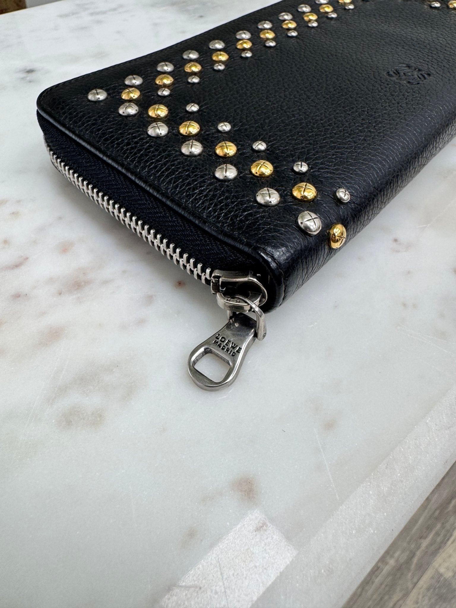 Loewe Black Grained Leather Studded Zippy Wallet