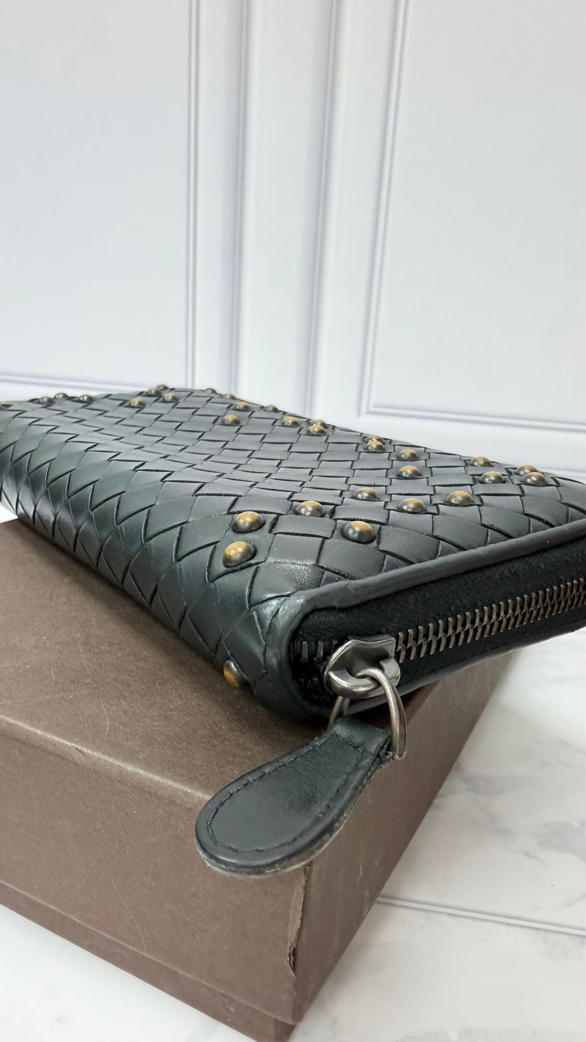 Bottega Veneta Black Intrecciato Leather Studded Zippy Wallet