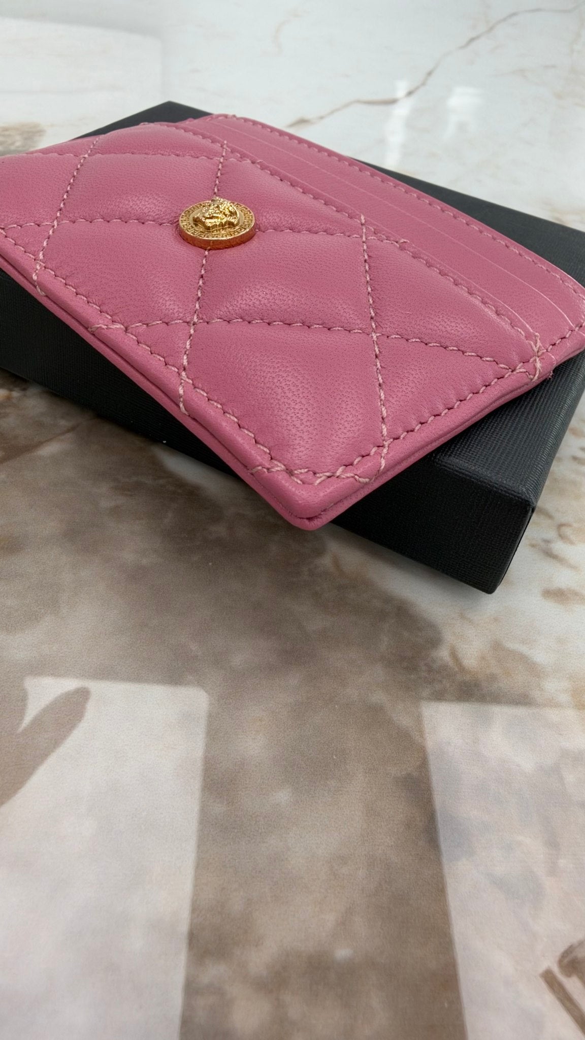 BRAND NEW- Versace Pink Quilted LEather Medusa Card Case