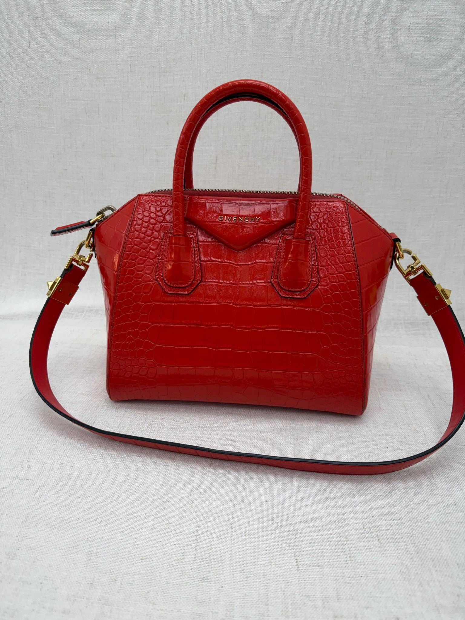 Givenchy Red Crocodile Embossed Small Antigona Bag