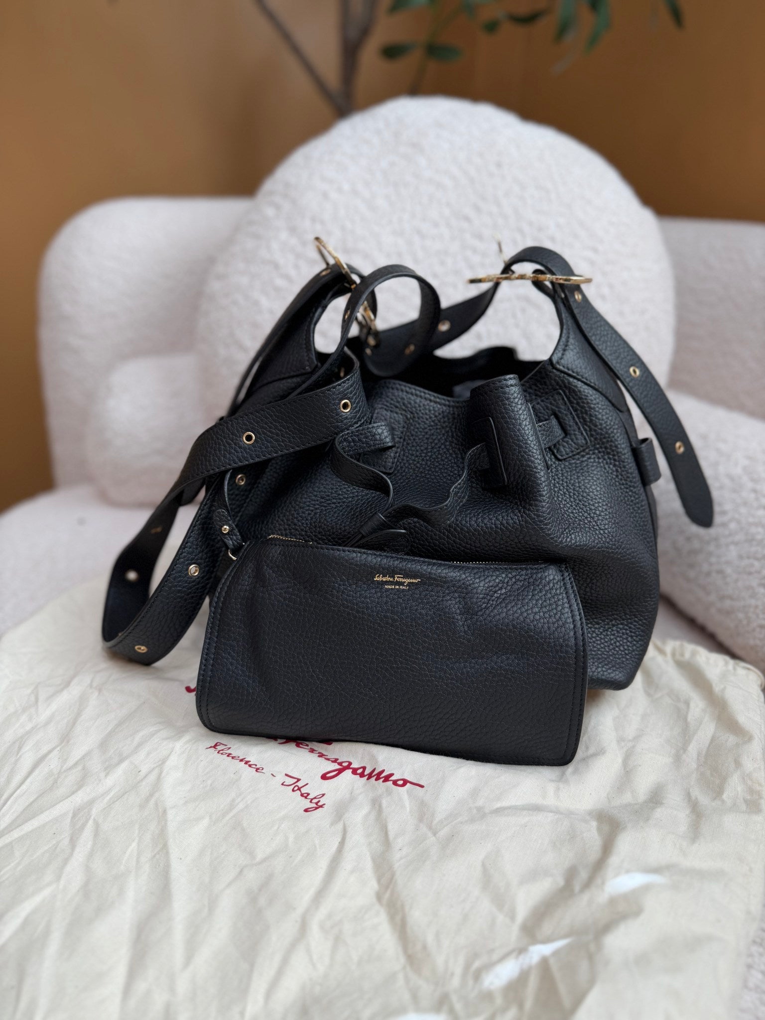 Salvatore Ferragamo Black Leather Crossbody Bucket Bag