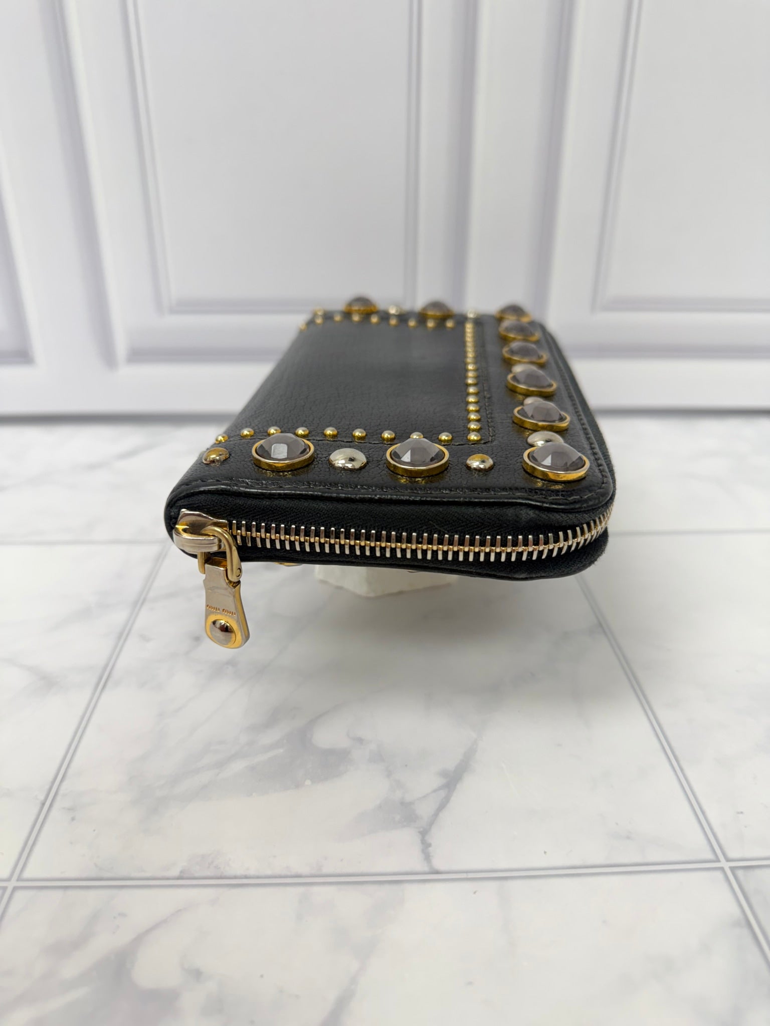 Miu Miu Black Leather Crystal Studded Zippy Wallet