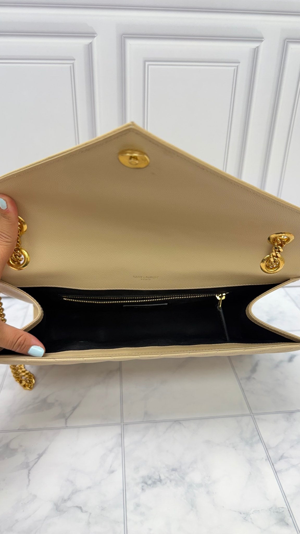 Saint Laurent YSL Beige Grained Leather Envelope Chain Handbag