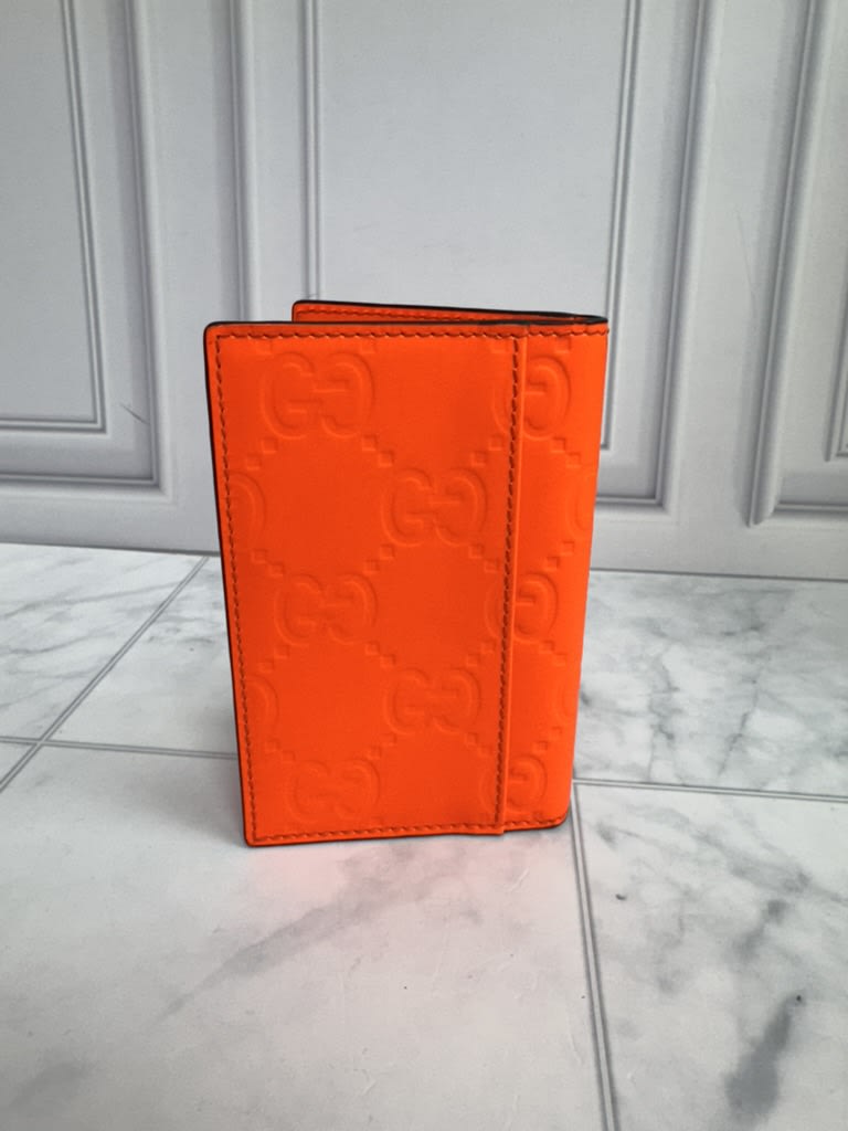 LIKE NEW - Gucci Neon Orange GG Embossed Leather Card Case