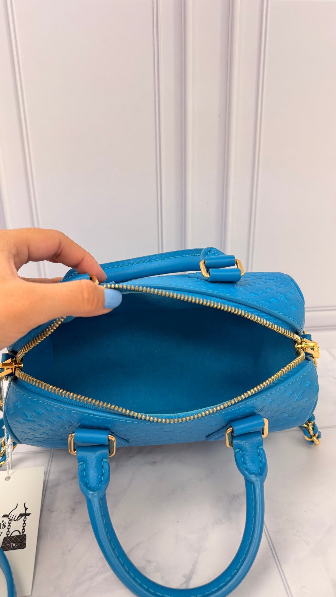 LIKE NEW - Louis Vuitton Bright Blue Calfskin Nanogram Embossed Speedy Bandouliere 20