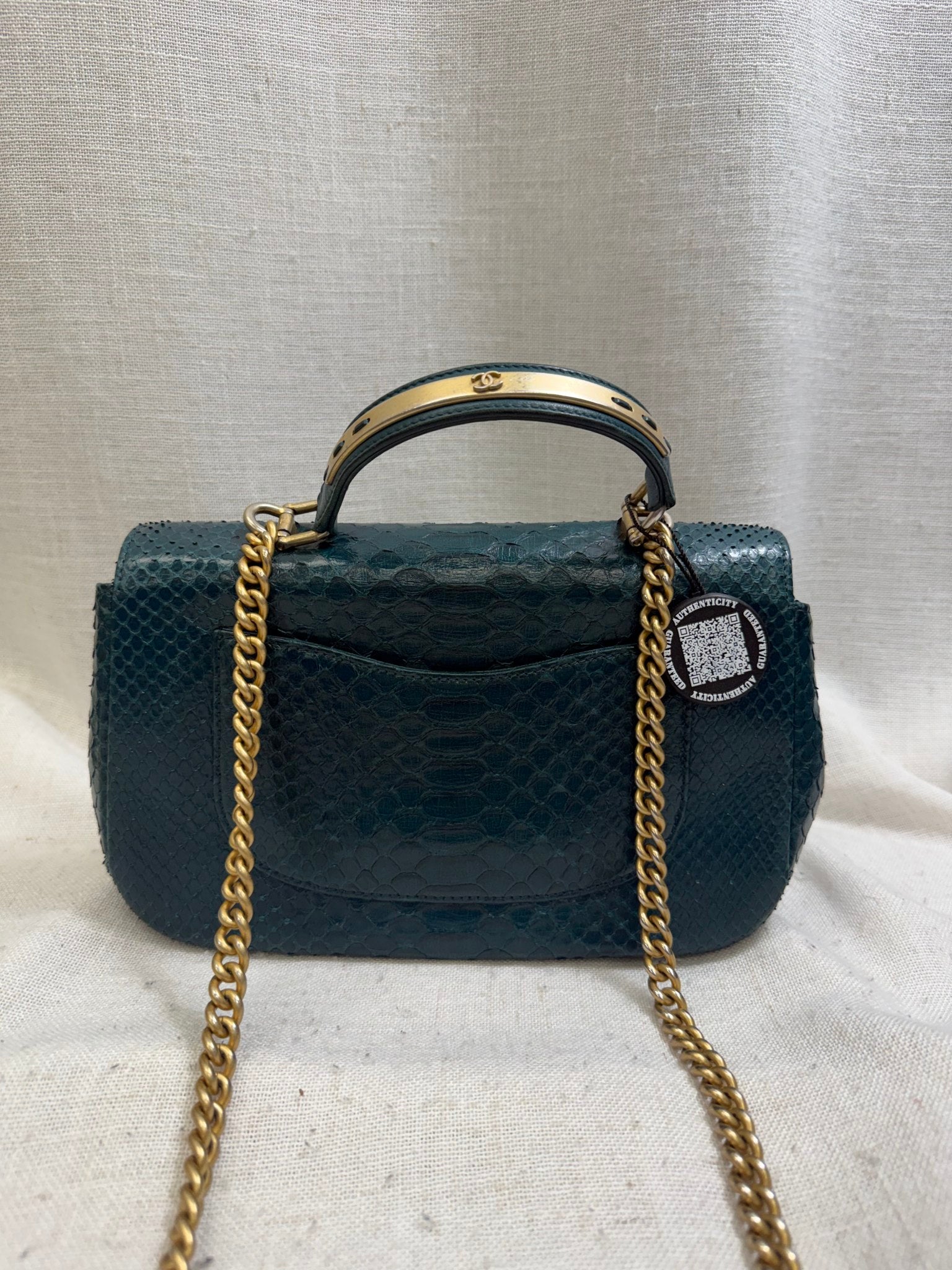 Chanel Deep Green Python Leather Top Handle Flap Bag