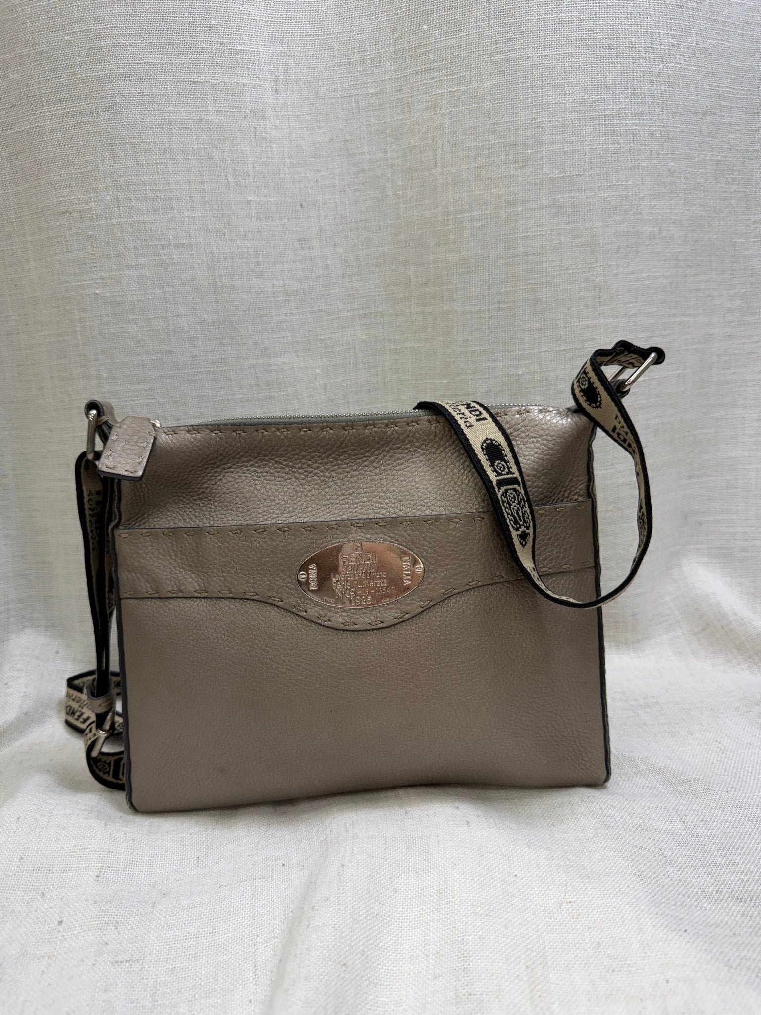 Fendi Grey Pebbled Leather Selleria Crossbody Bag