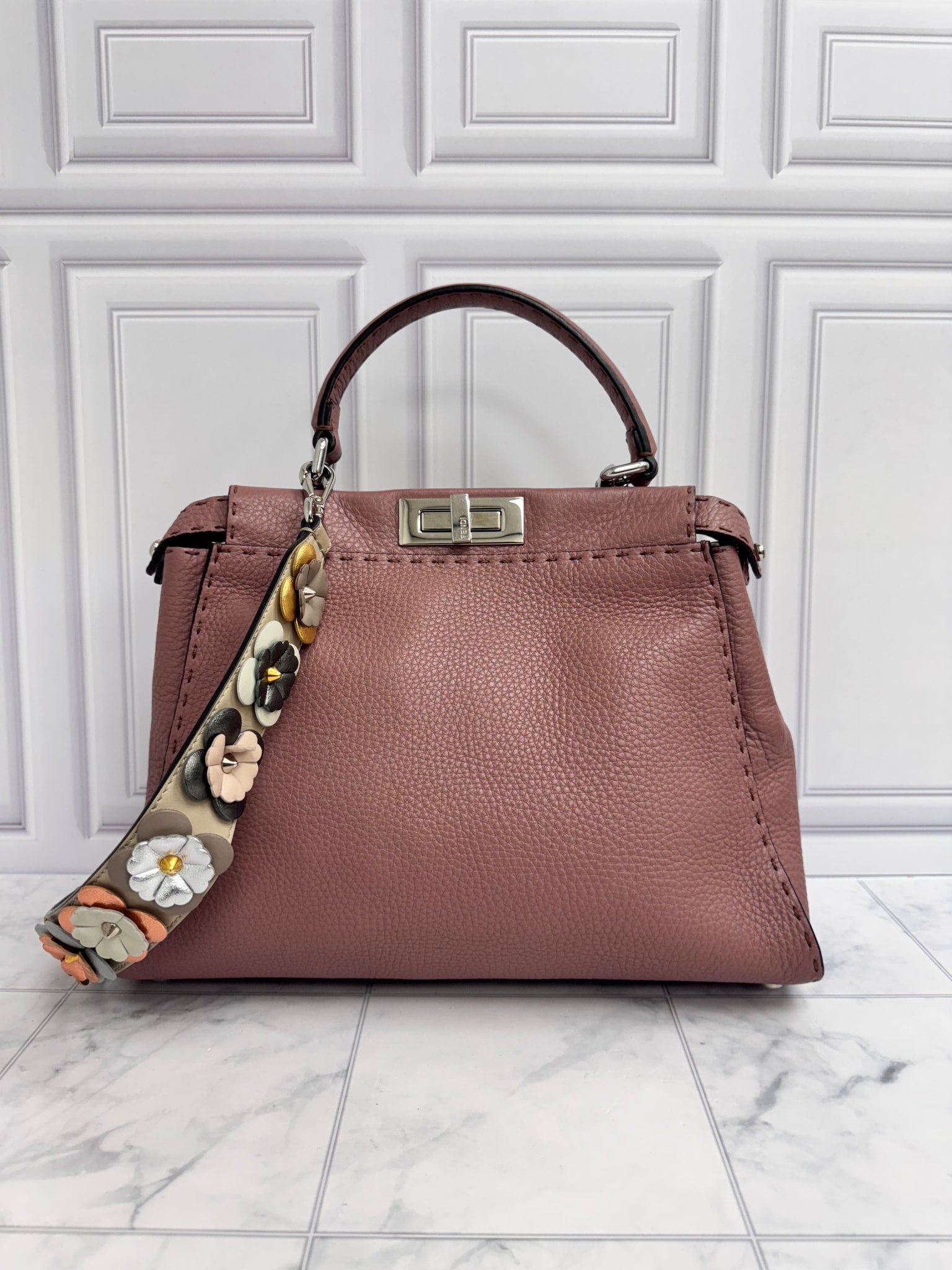 Fendi Dusty Rose Grained Leather Peekaboo Medium 2Way Bag With Flower Strap