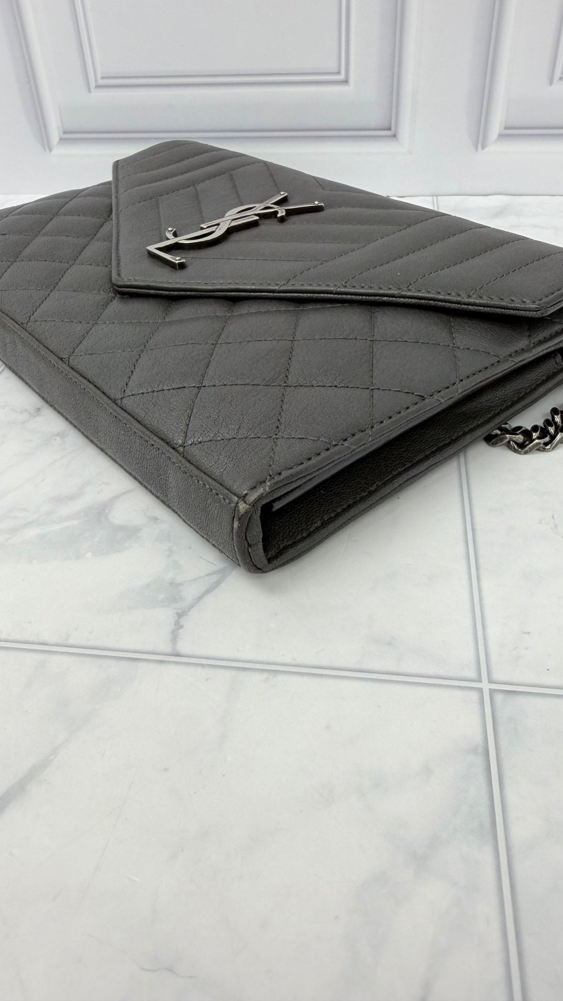 Saint Laurent YSL Grey Grained Leather Envelope Wallet On A Chain