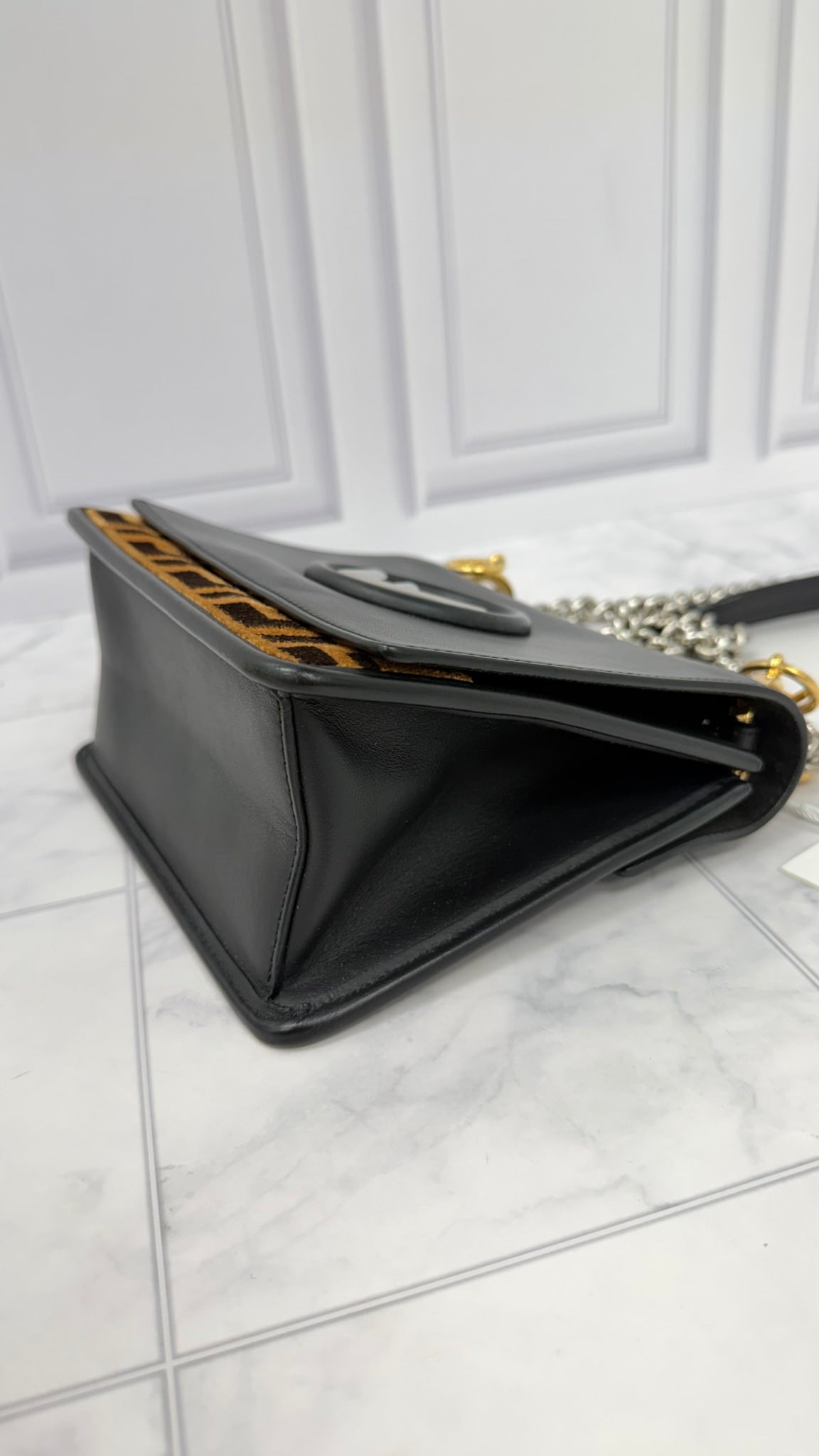 Fendi Black Leather Brown Zucca Velvet Kan I F Shoulder Bag