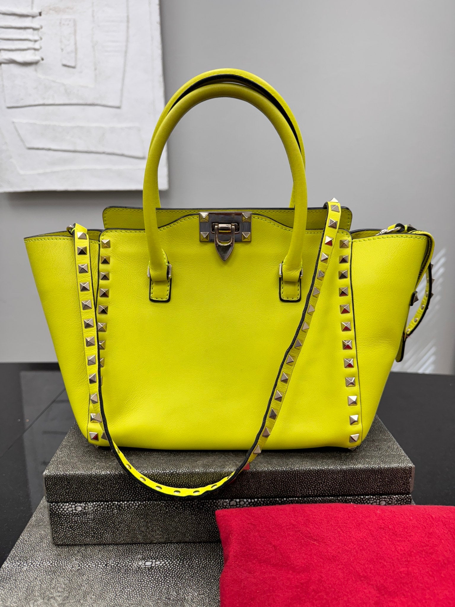 Valentino Yellow Leather Rockstud Double Handle Tote Bag