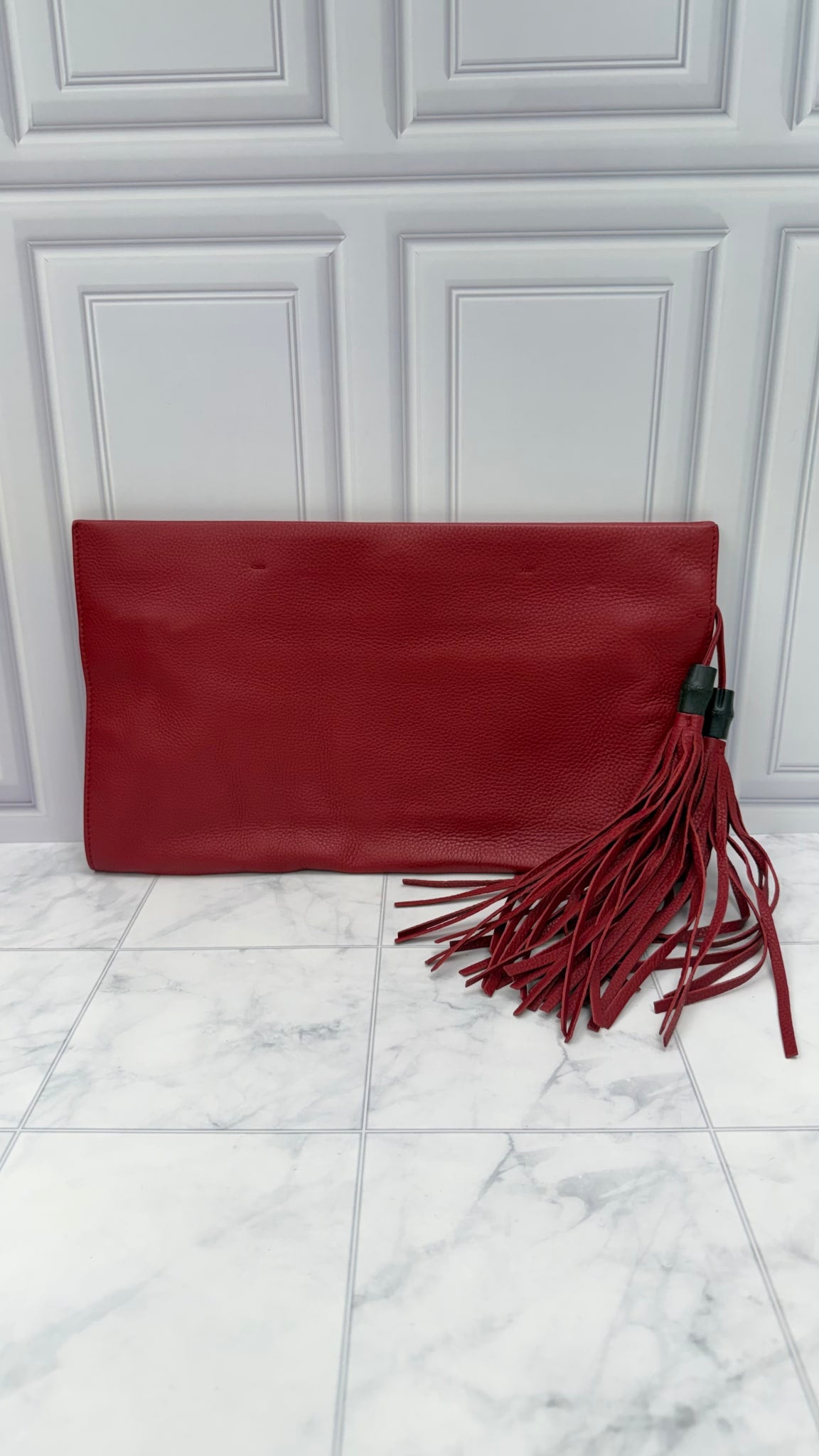 Gucci Red Leather Bamboo Tassel Clutch