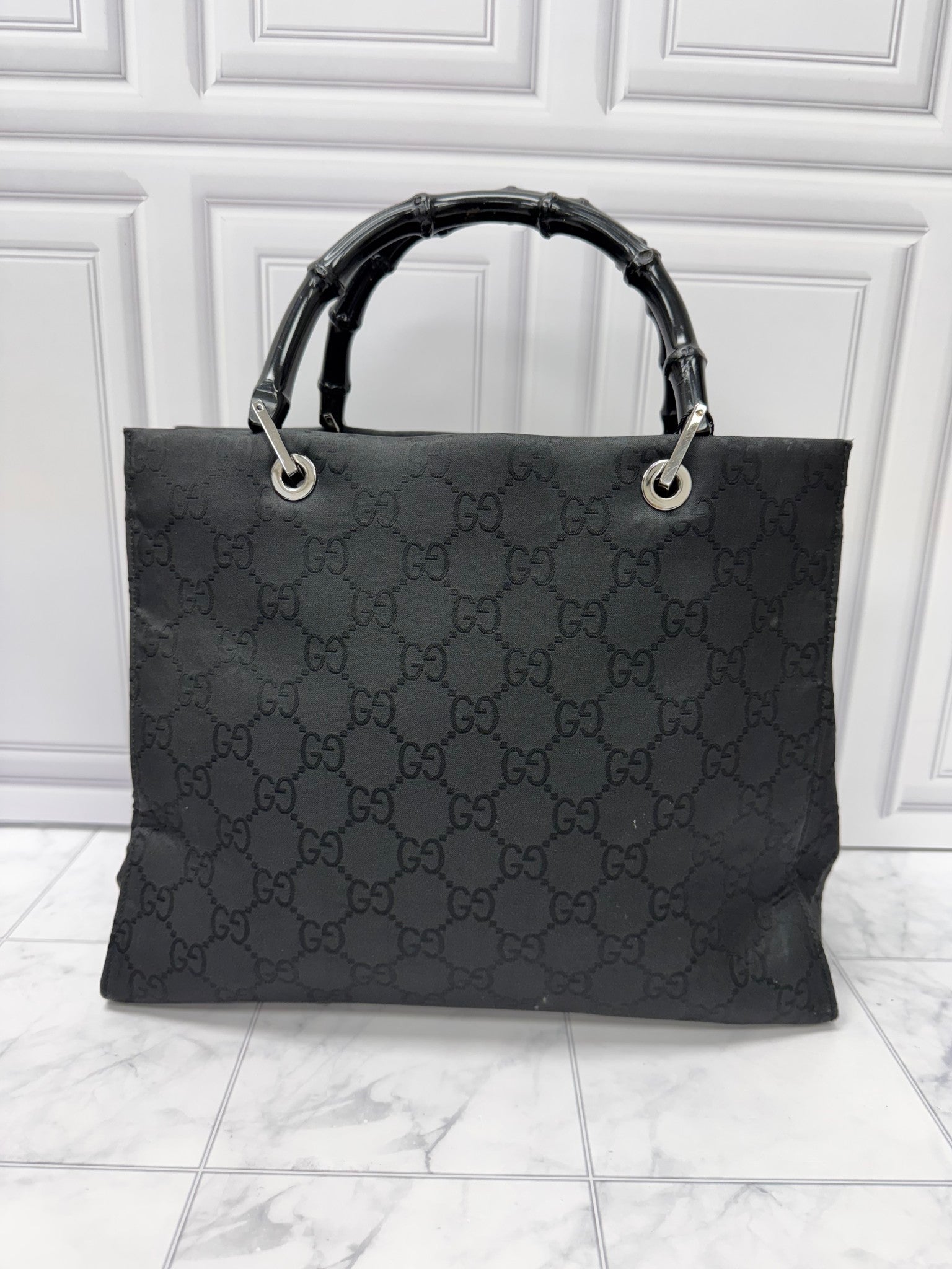 Gucci Black GG Supreme Nylon Medium Bamboo Tote Bag