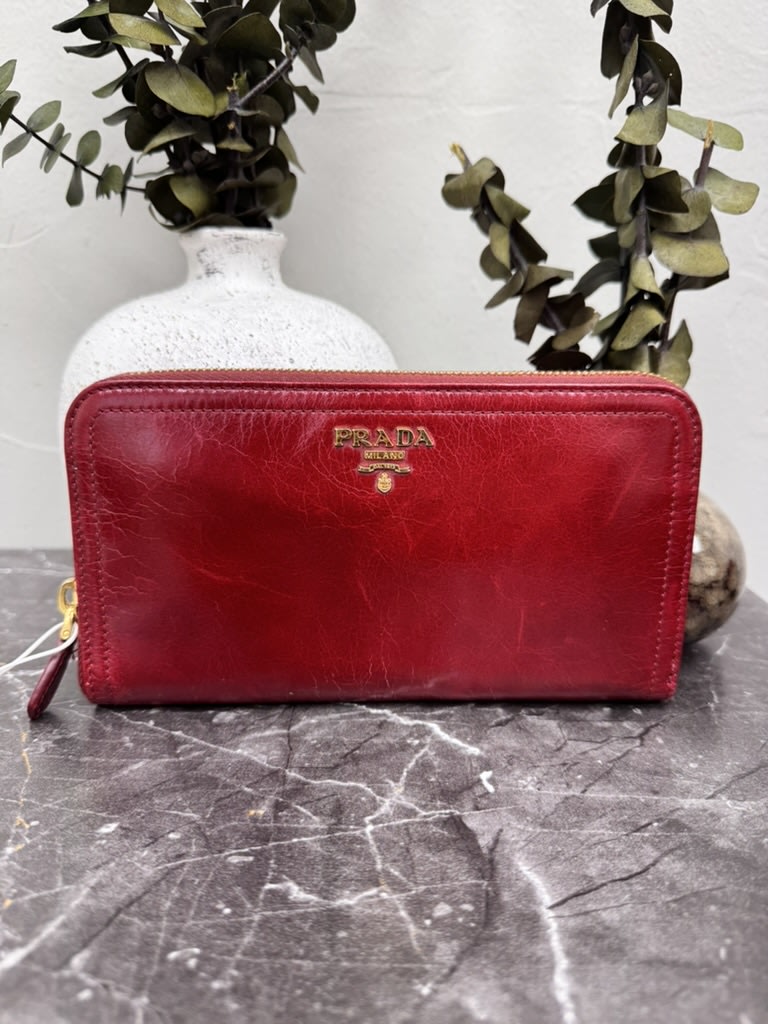 Prada Dark Red Patent Leather Long Zippy Wallet