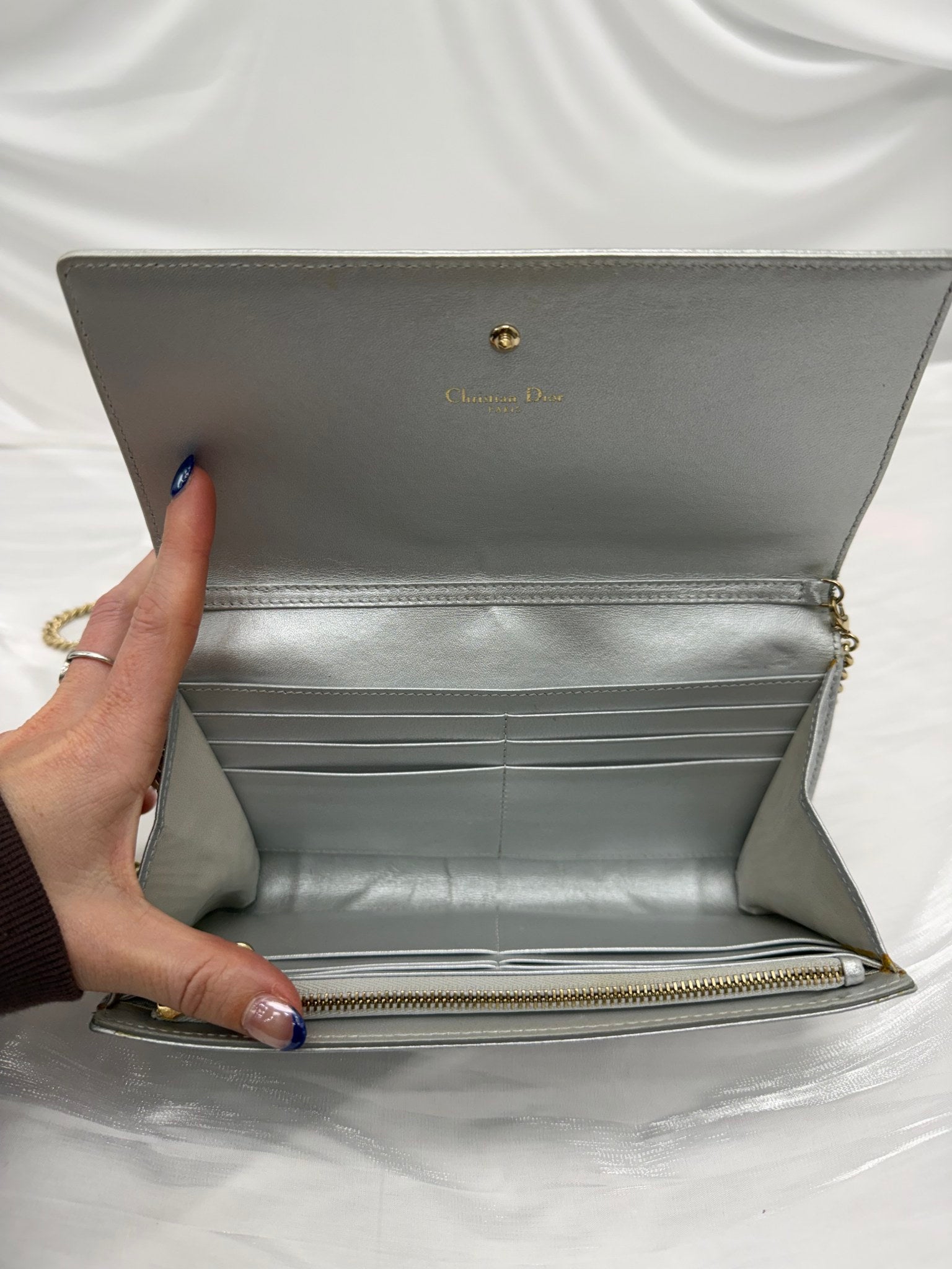 Christian Dior Silver Leather Diorama Wallet on a Chain