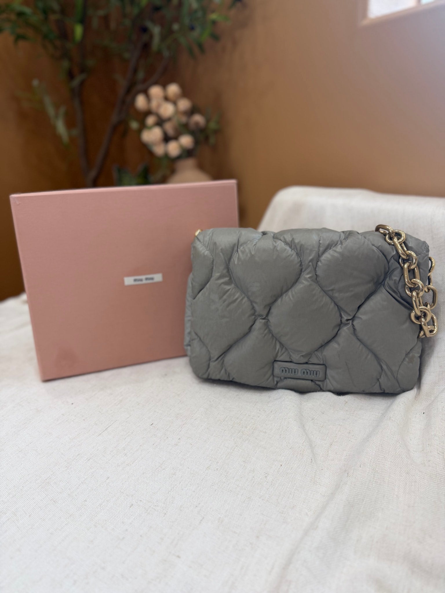 Miu Miu Gray Nylon Puffer Chain Shoulder Bag