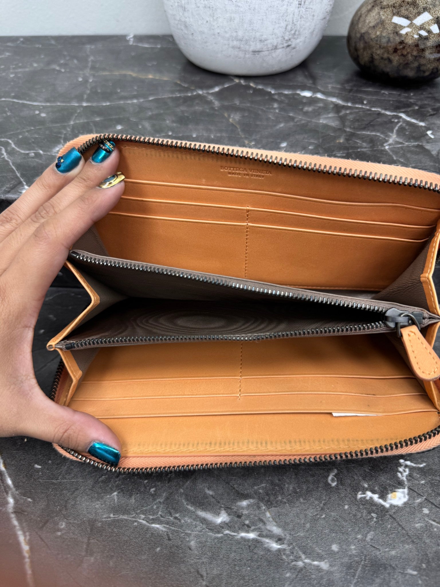 Bottega Veneta Tan And Leather Trim Intrecciato Leather Zippy Wallet