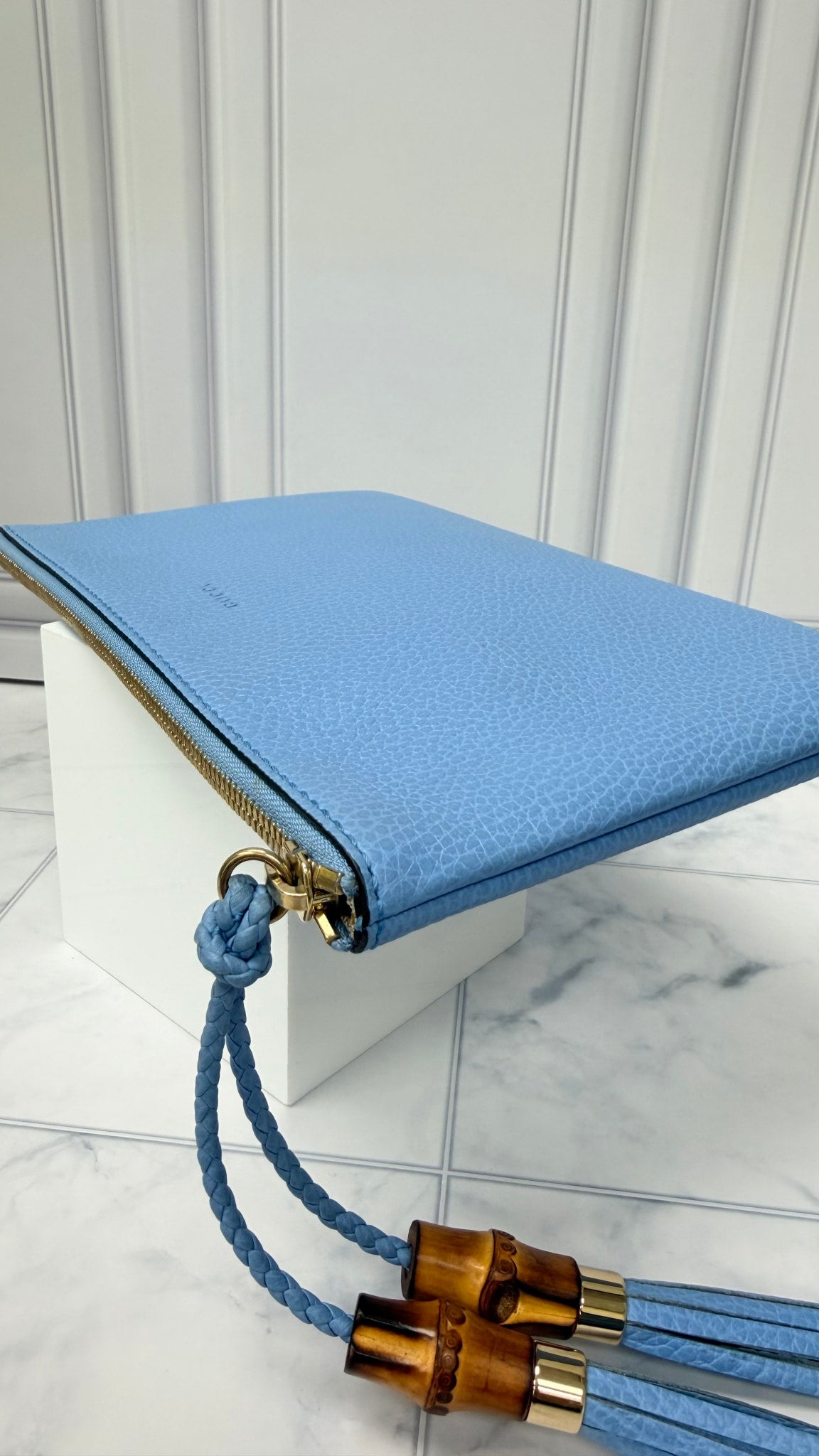Gucci Blue Grained Leather Bamboo Clutch
