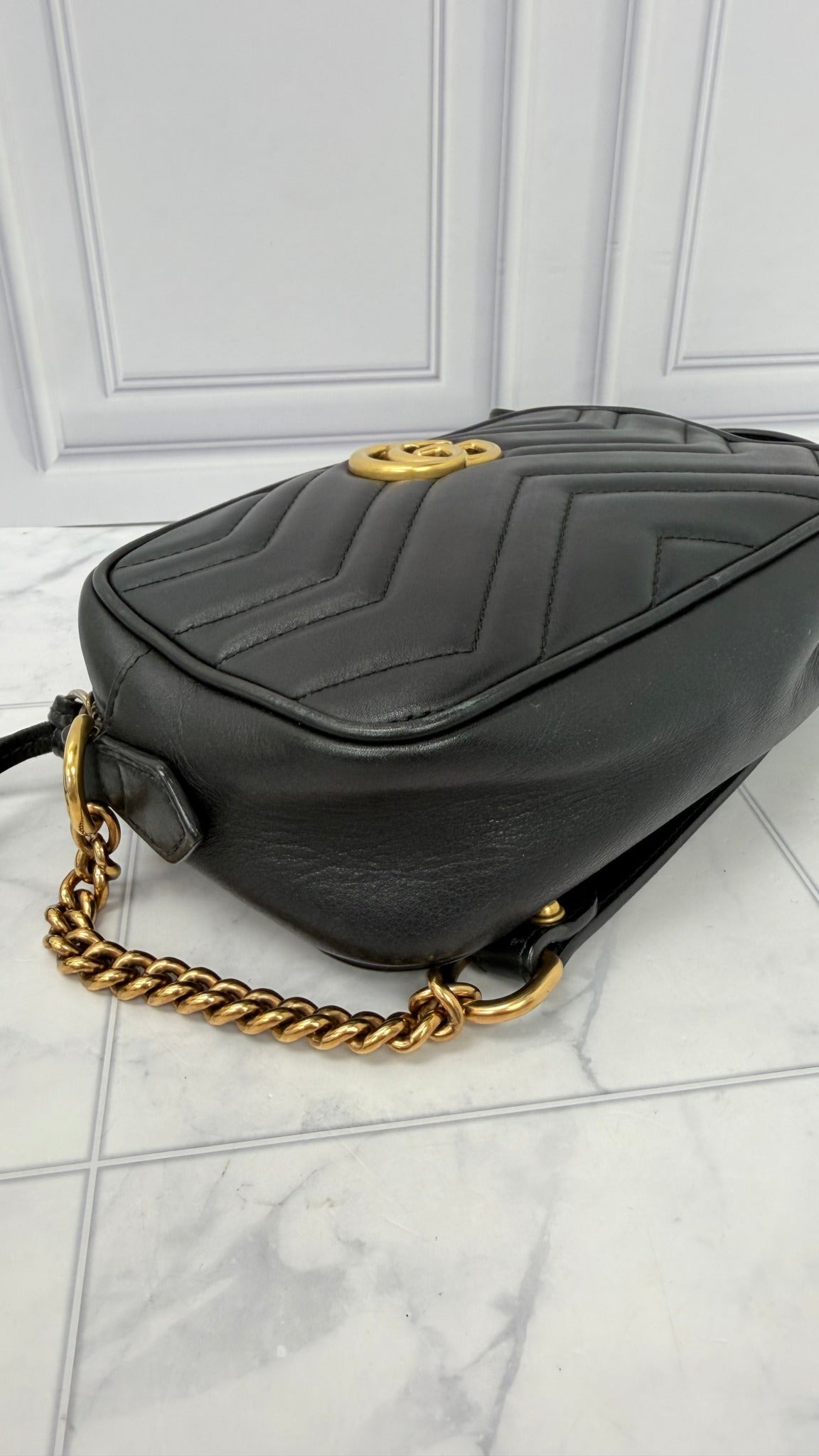 Gucci Black Leather GG Marmont Mini Camera Bag