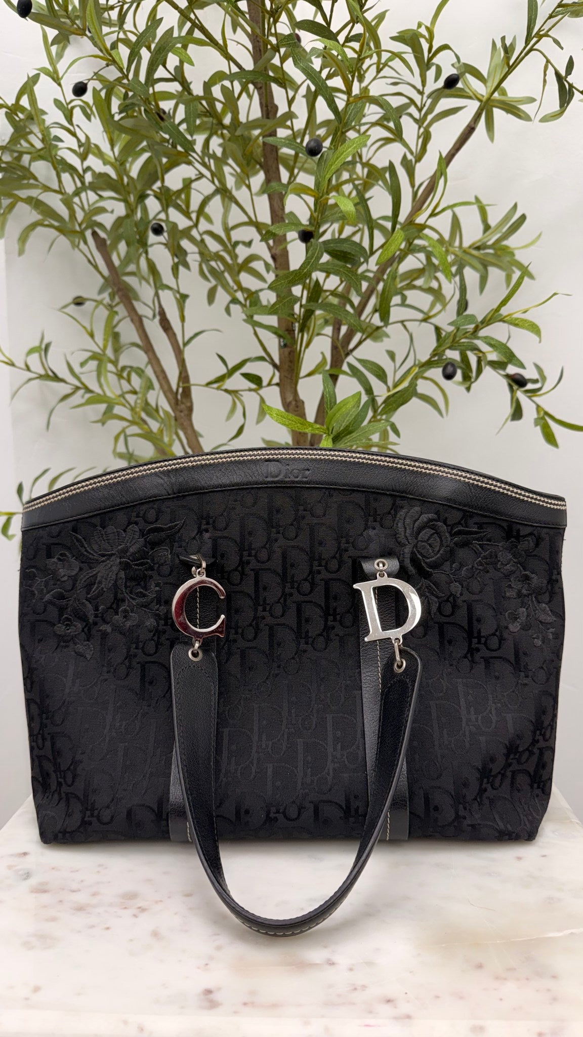 Christian Dior Black Diorissimo Monogram Canvas Vintage Floral Embroidery Tote Bag