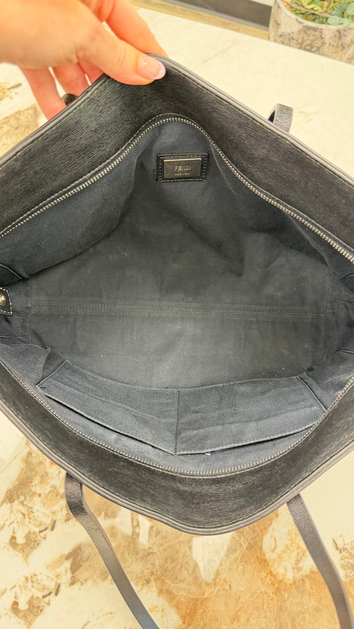 Fendi Black Leather Shearling Logo Roll Tote