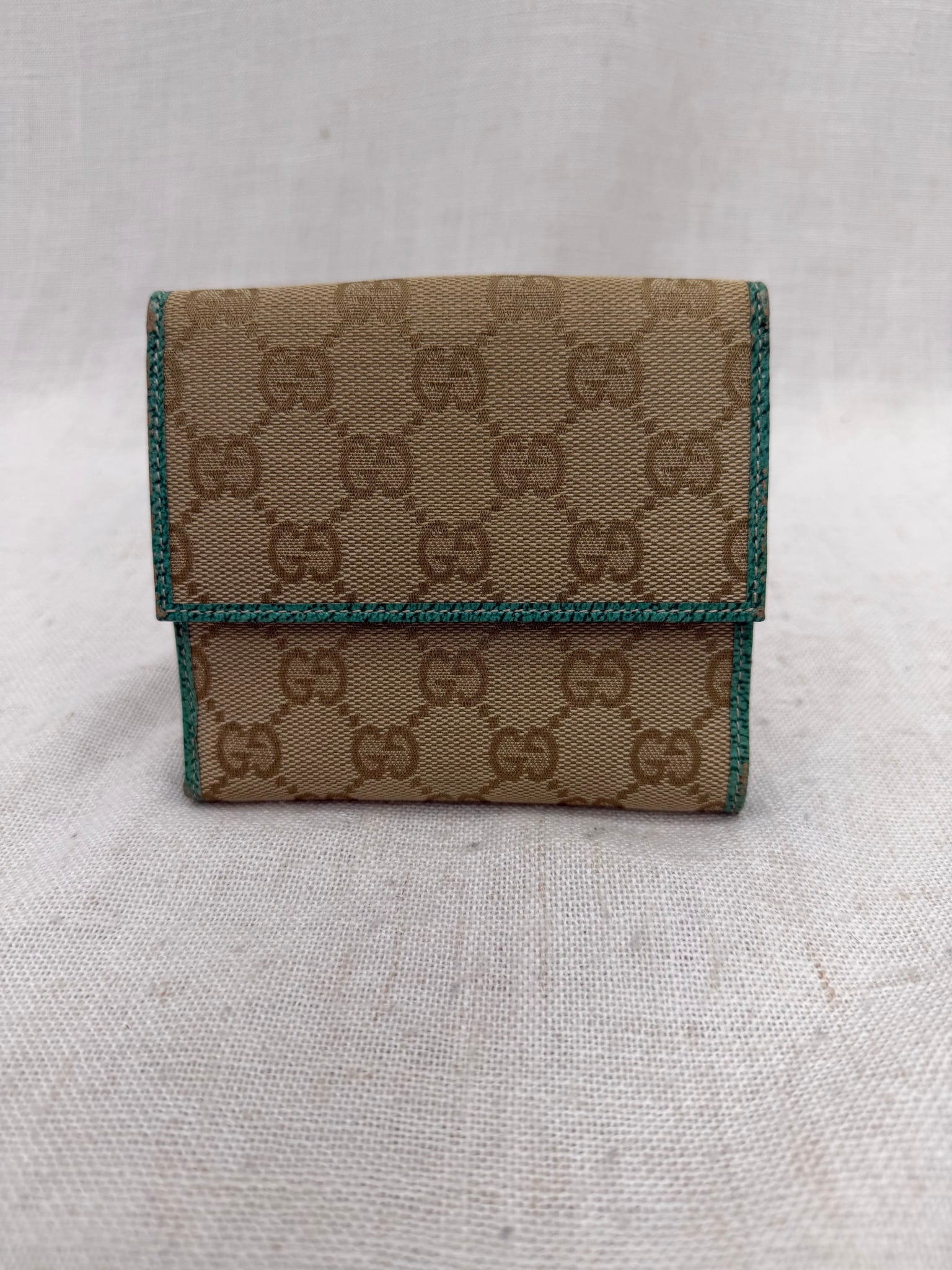 Gucci Tan GG Canvas & Teal Leather Compact Wallet