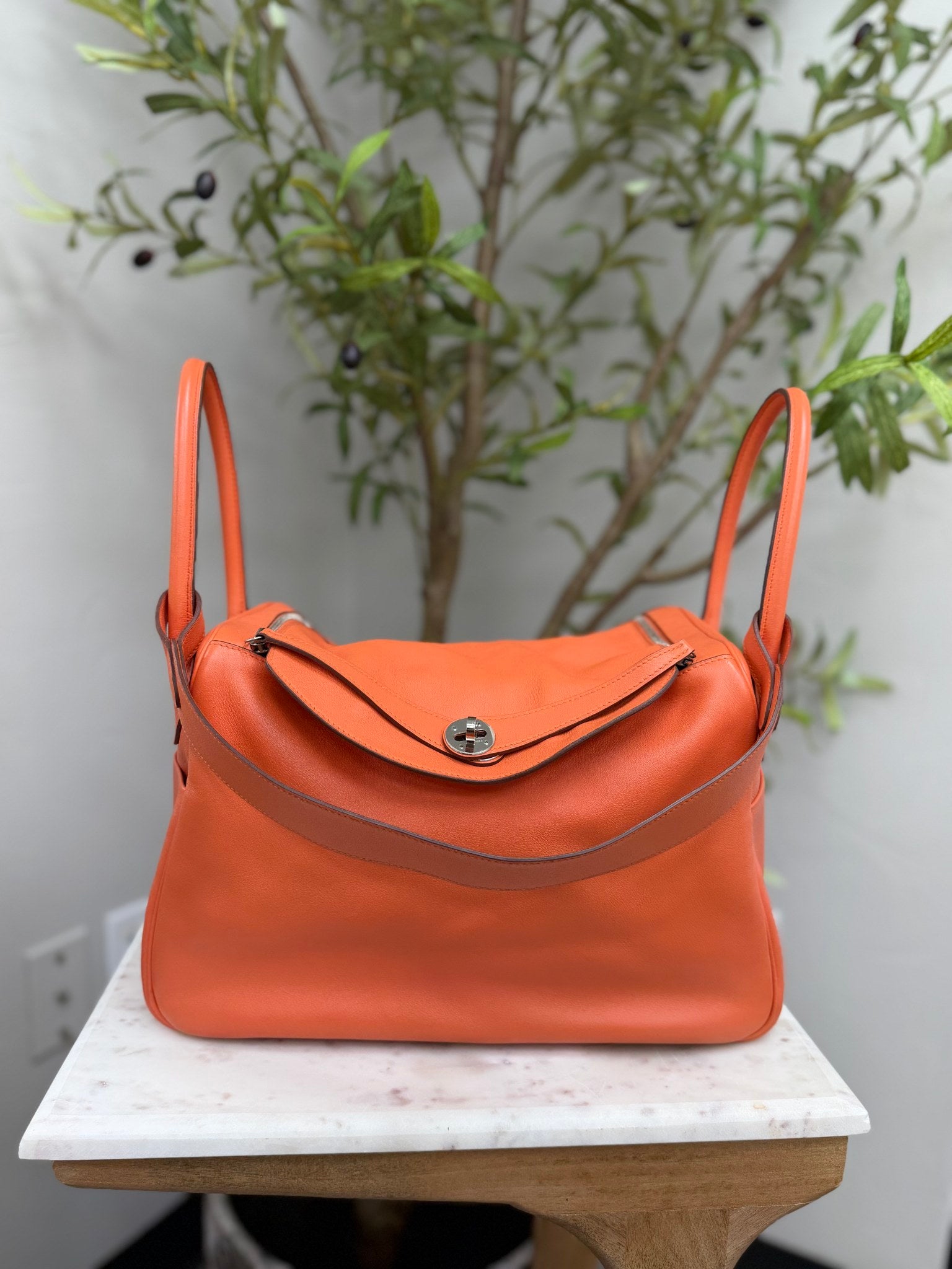 Hermes Orange Evercolor Leather Lindy 34 Handbag