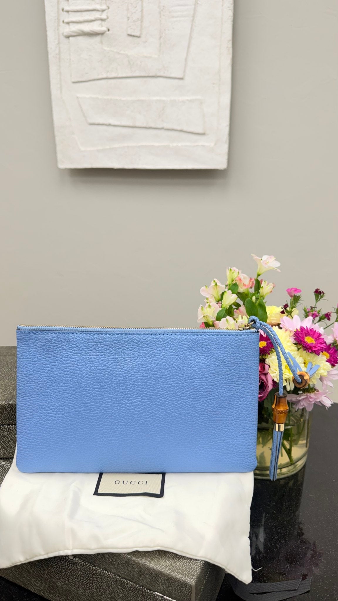 Gucci Blue Grained Leather Bamboo Clutch