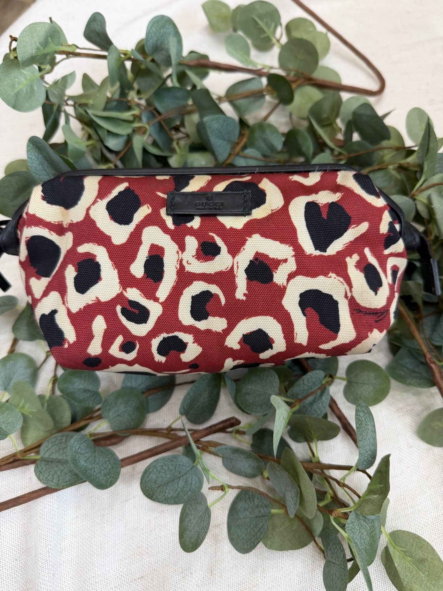Gucci Red Canvas Leopard Cosmetic Bag