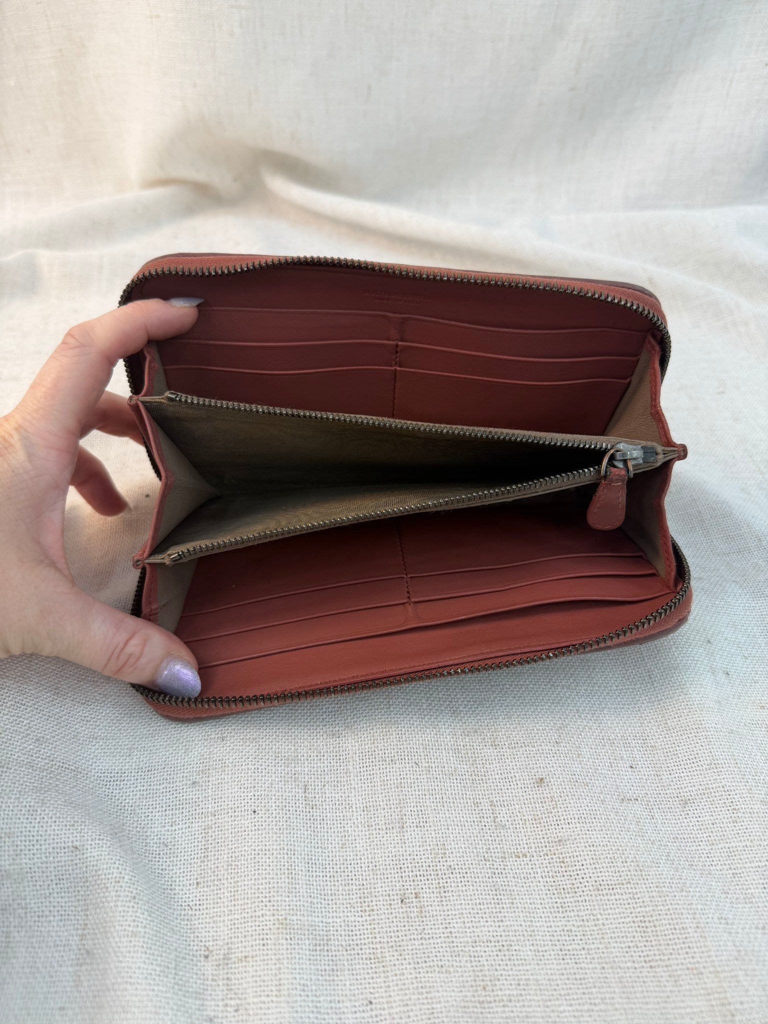 Bottega Veneta Rust Leather Intrecciato Zippy Wallet