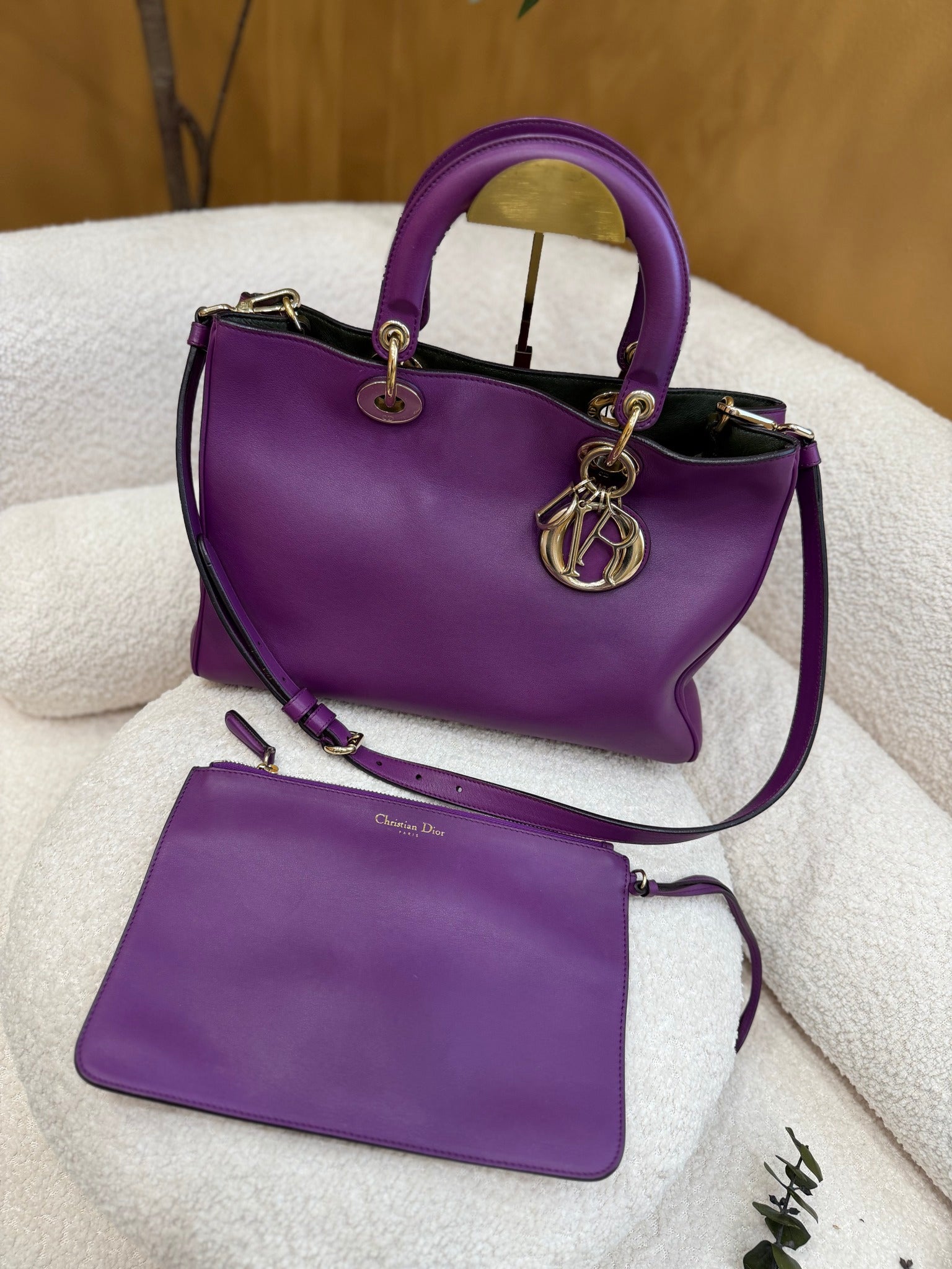 Christian Dior Purple & Green Smooth Calfskin Leather Medium Diorissimo Tote Bag