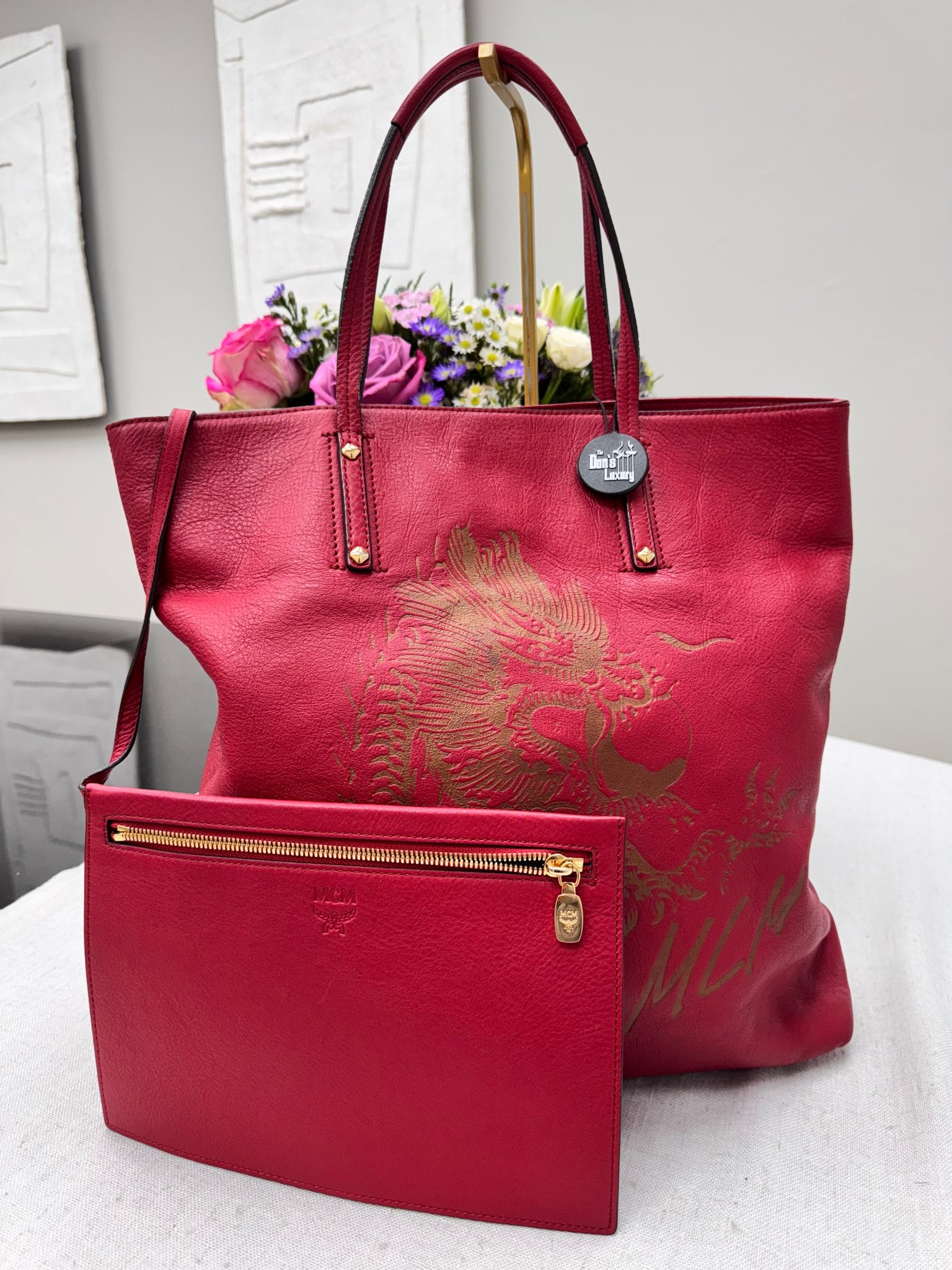 MCM Dark Red Grained Leather Dragon Tote Bag
