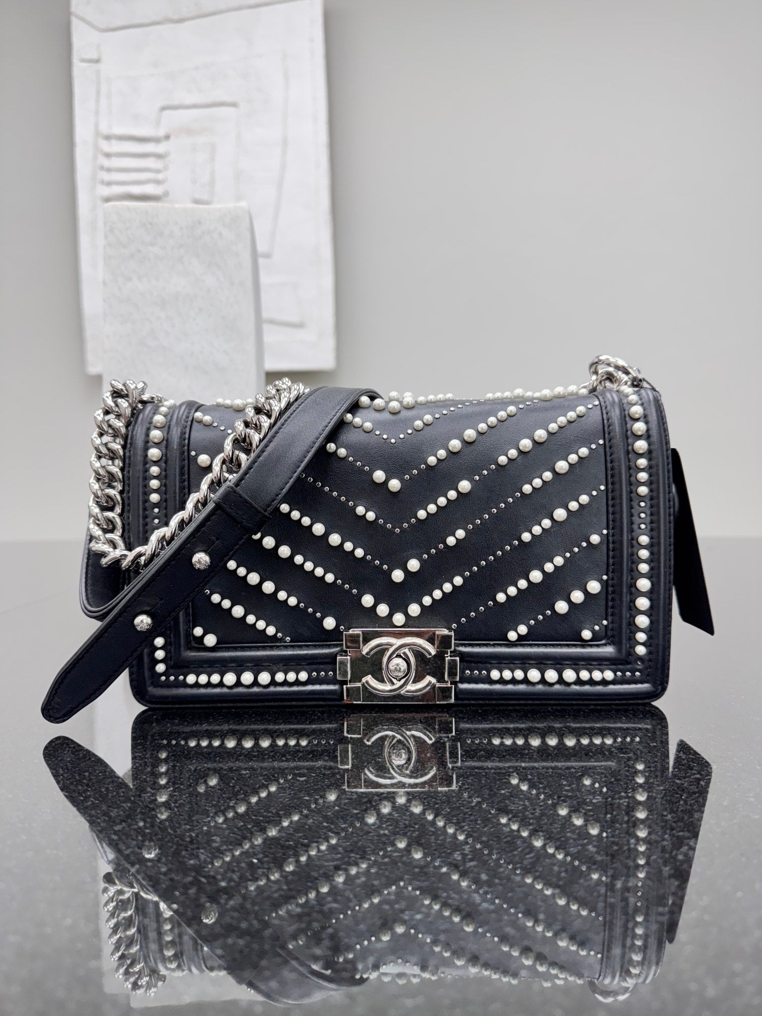 Chanel Black Chevron Pearls Medium Boy Flap Bag