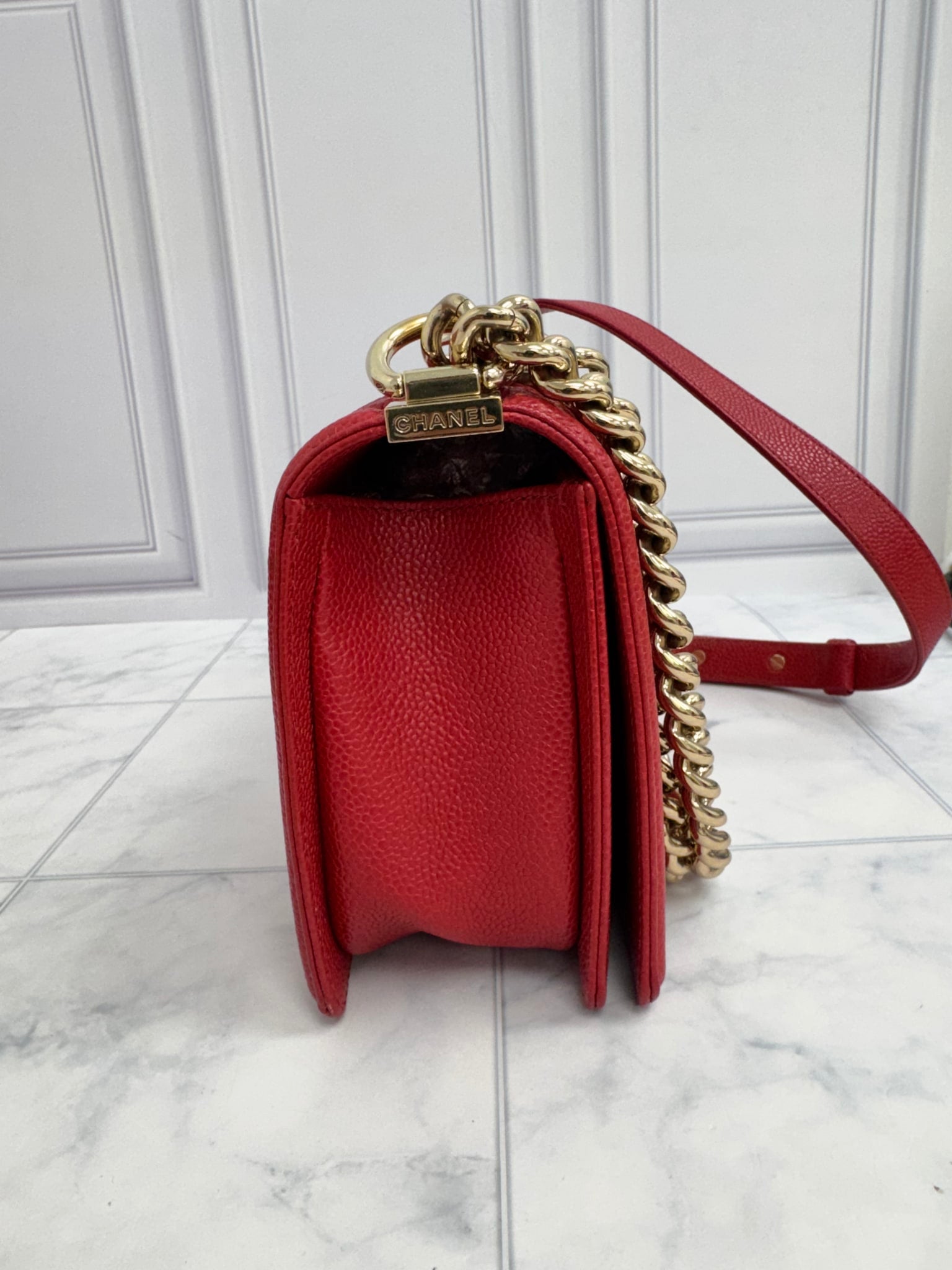 Chanel Red Caviar Leather Medium Boy Bag