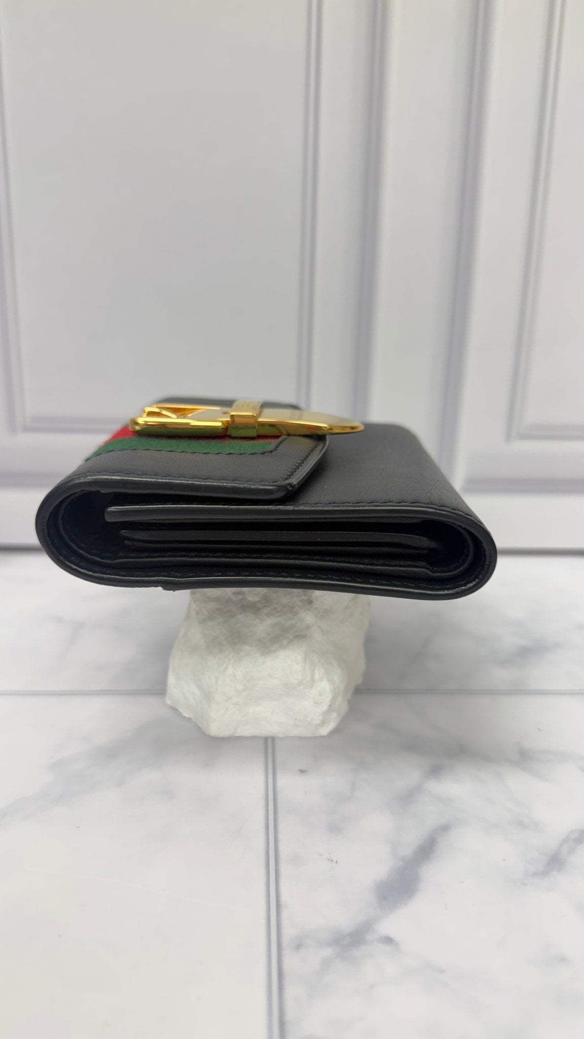 Gucci Black Leather Web Sylvie Compact Trifold Wallet