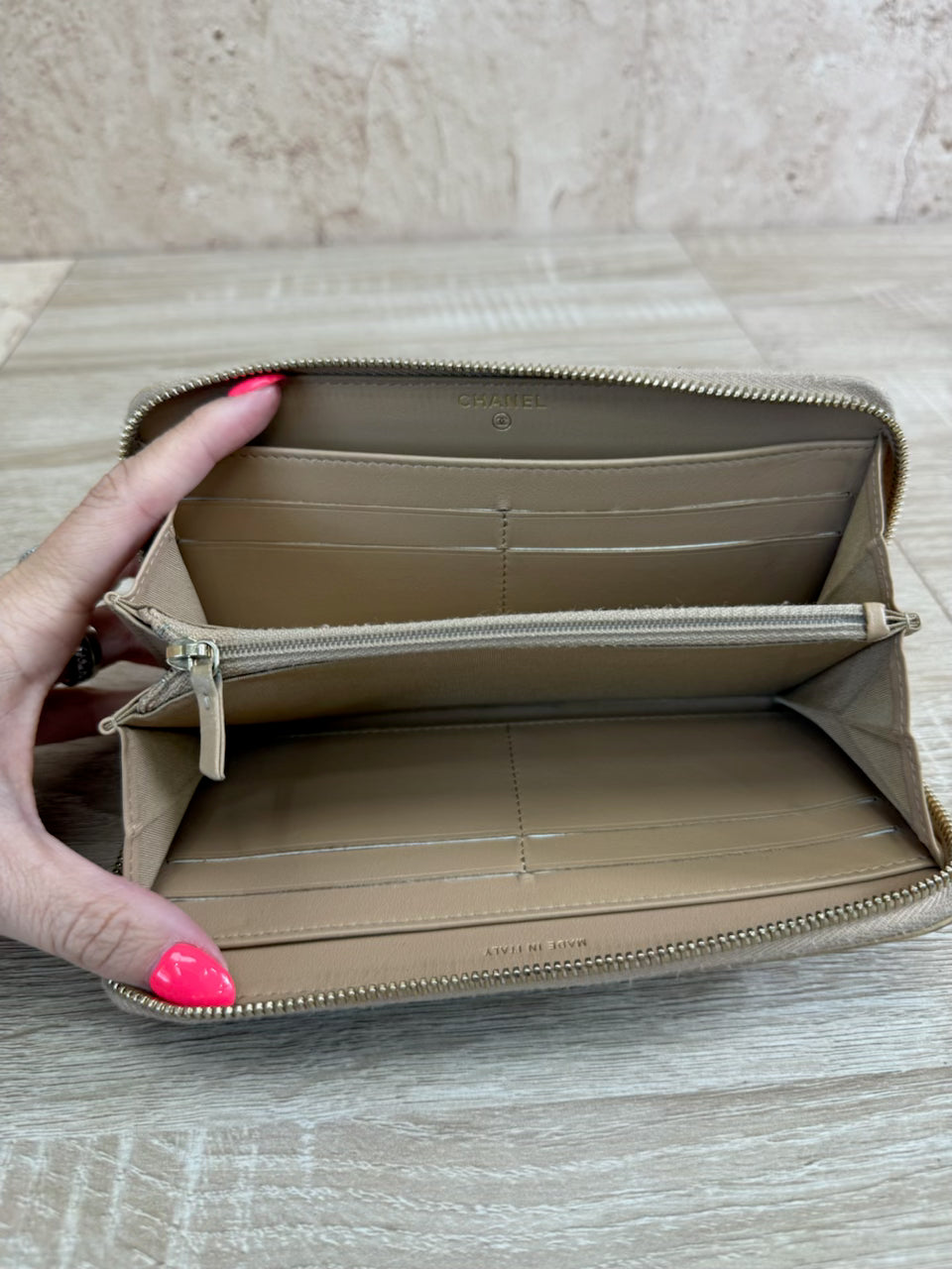 Chanel Beige Caviar Caviar Studded Deauville Zippy Long Wallet