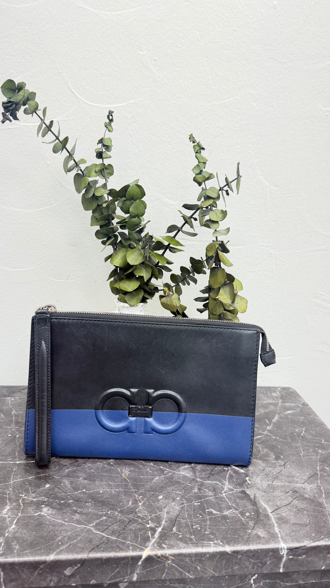 Salvatore Ferragamo Blue And Black Leather Clutch