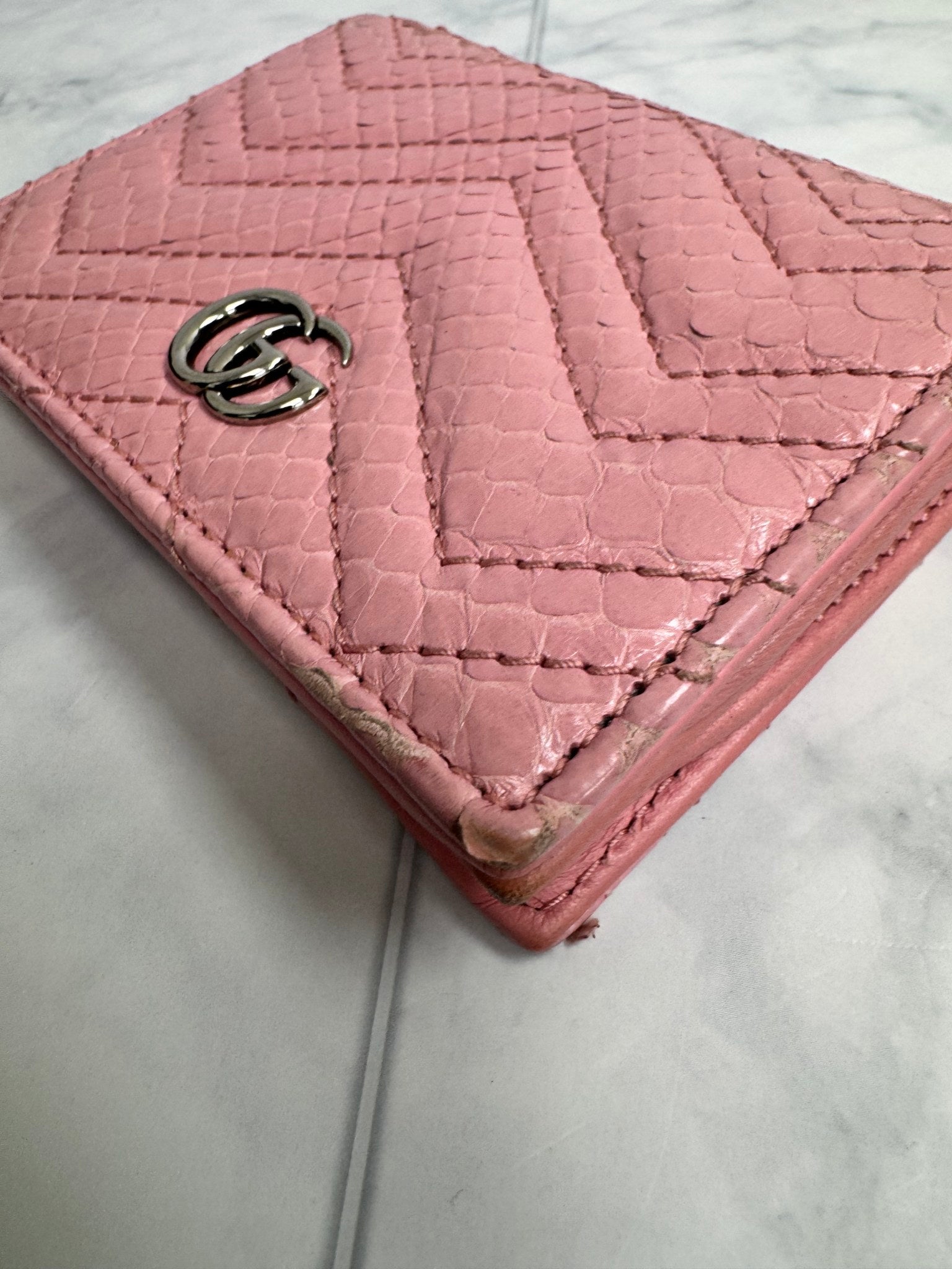 Gucci Pink Chevron Quilted Python GG Marmont Compact Wallet