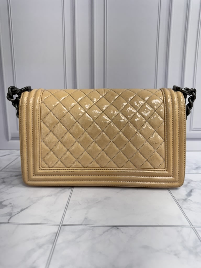 Chanel Beige Diamond Quilted Patent Leather Boy Bag