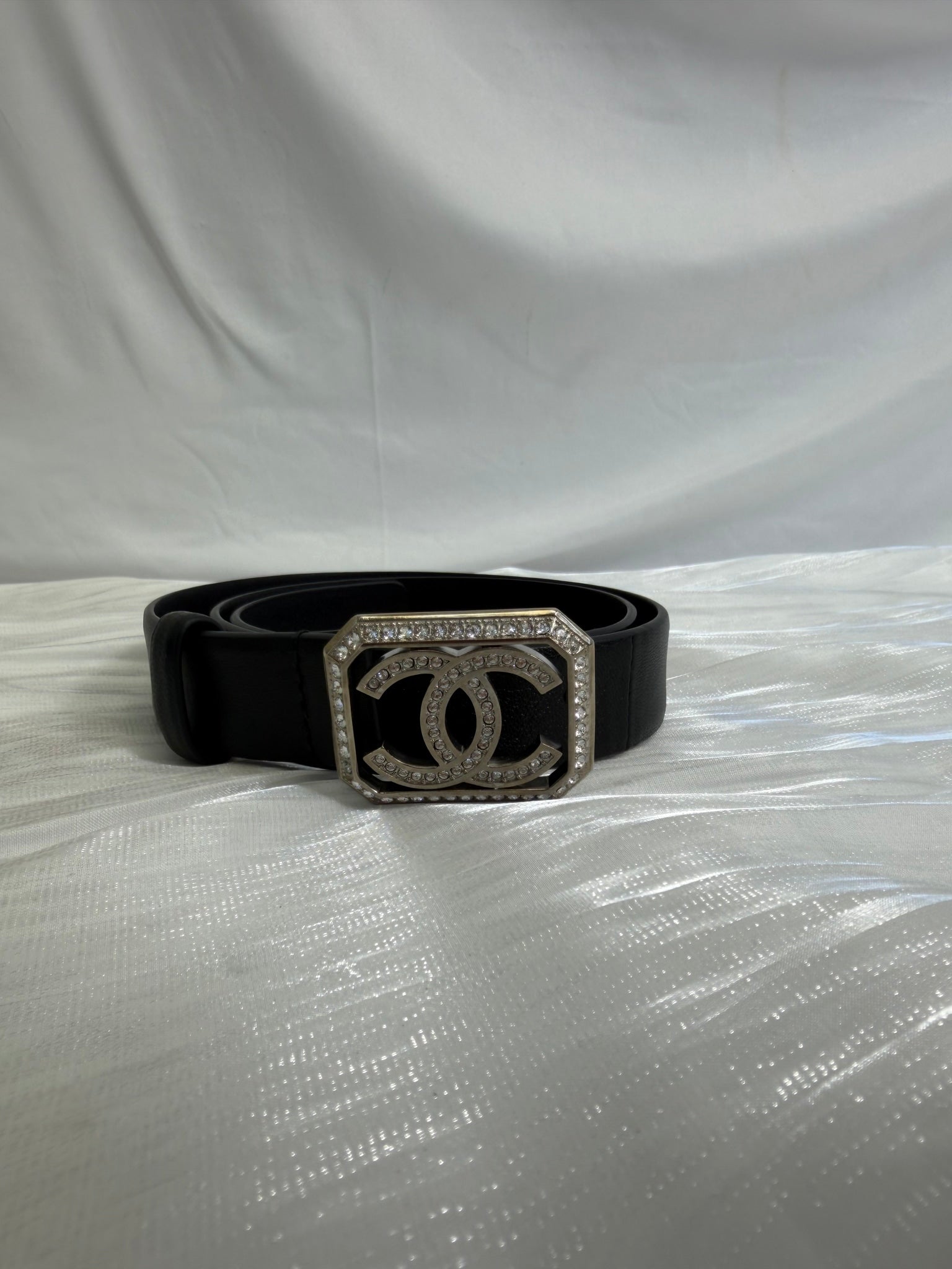 Chanel Black Leather Crystal CC Logo Belt 70/28